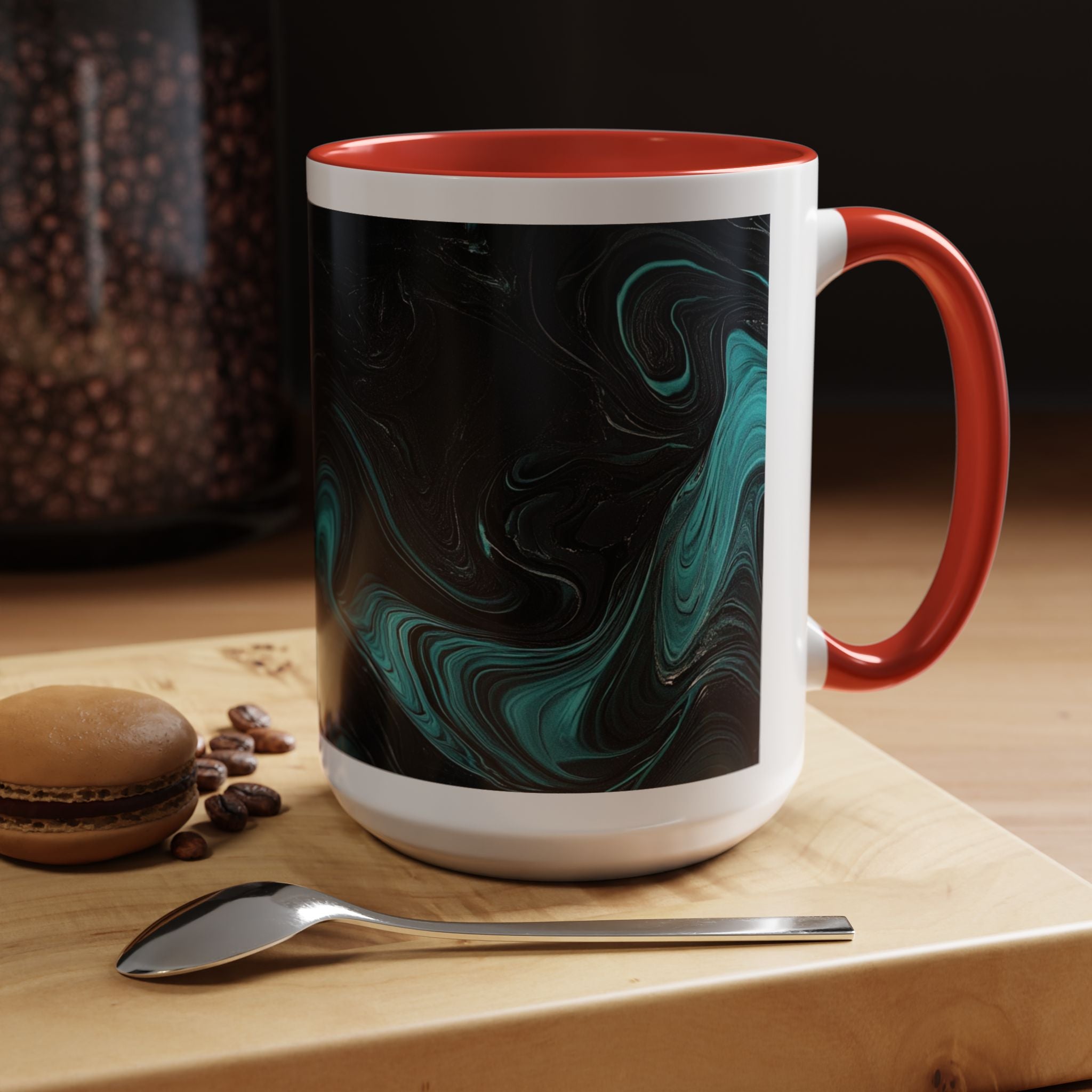 Teal Marble Swirl Accent Coffee Mug — Moody Ceramic Mug (15oz)