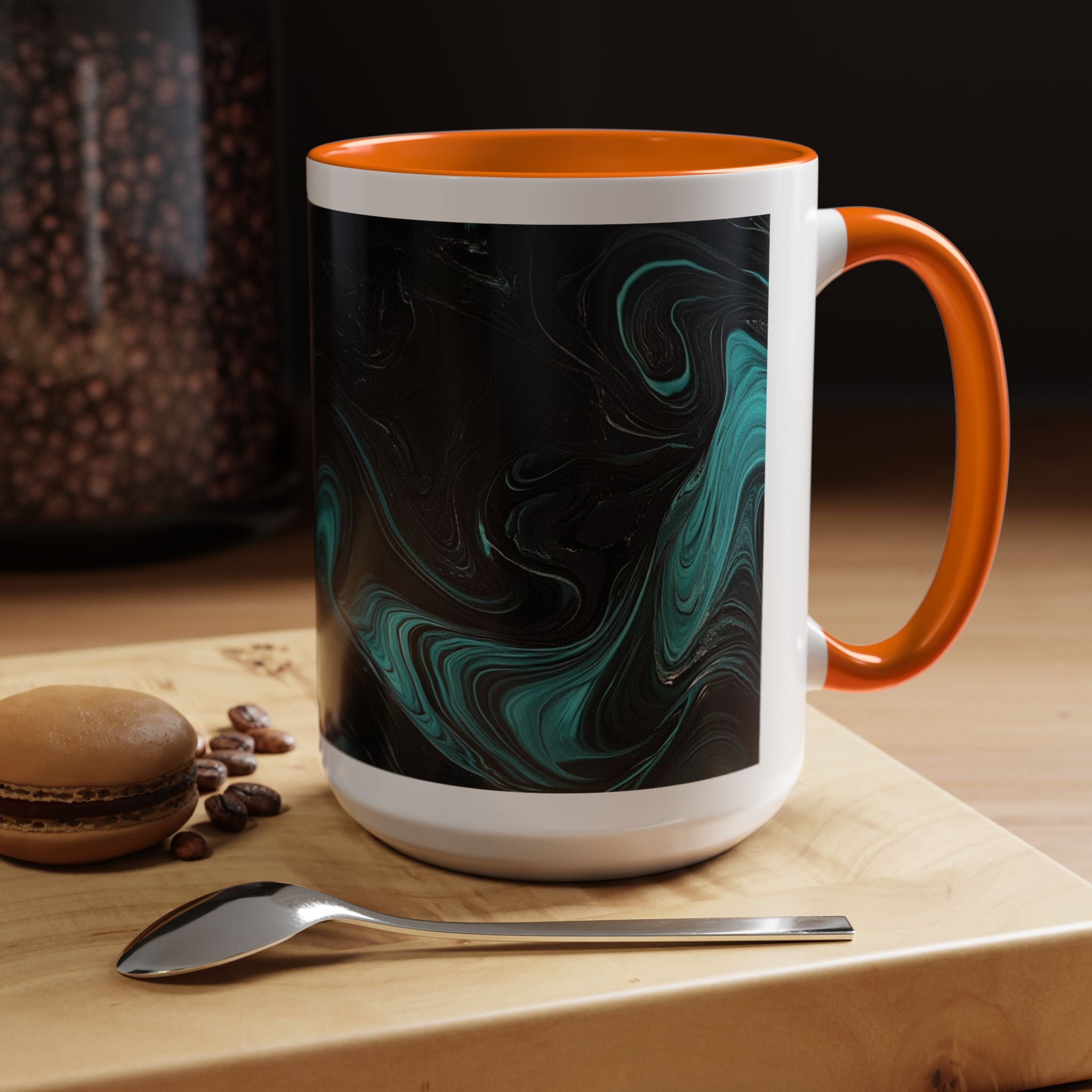 Teal Marble Swirl Accent Coffee Mug — Moody Ceramic Mug (15oz)
