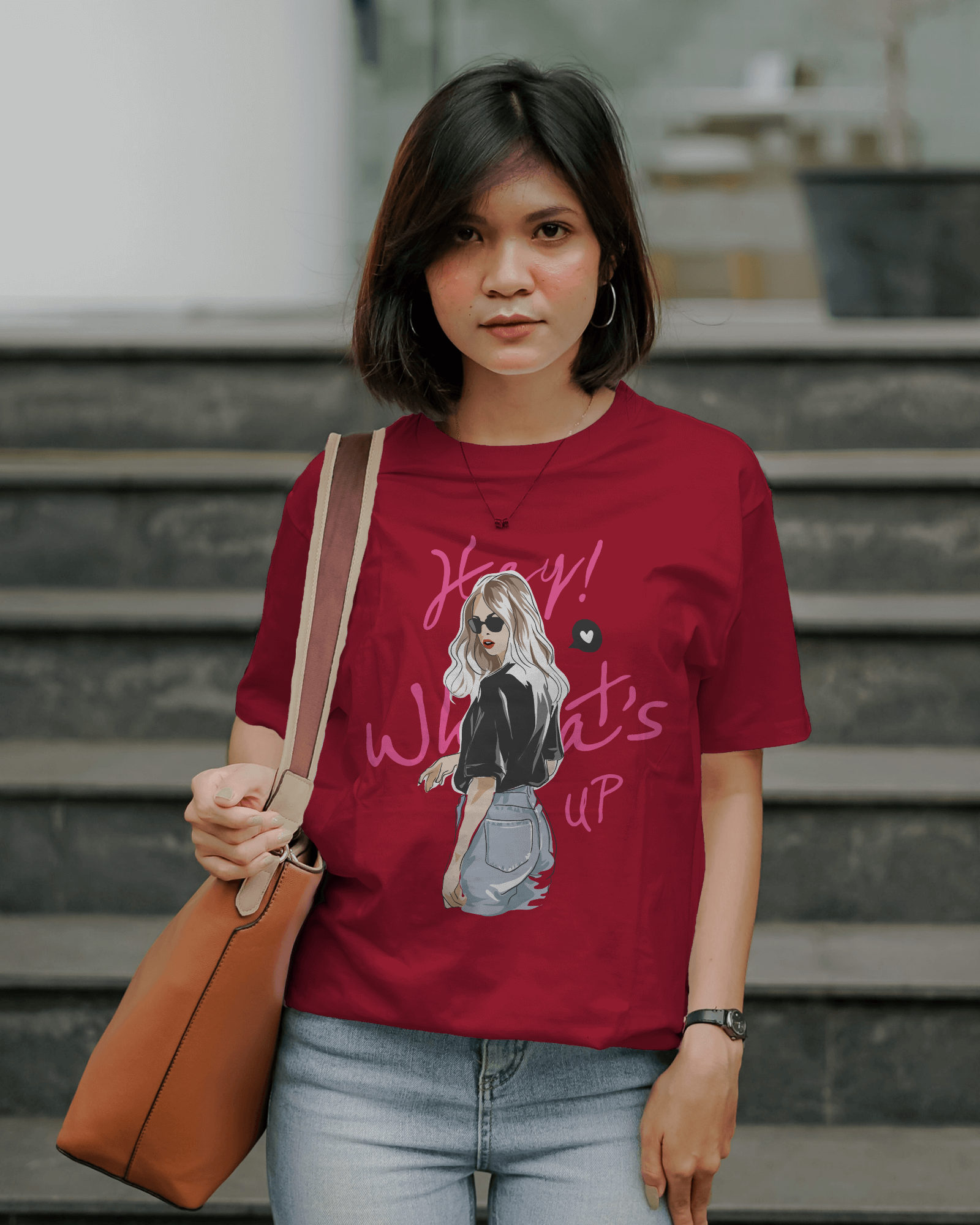 Hey What's Up Women's Graphic T-Shirt — Stylish Girl Illustration Casual Tee