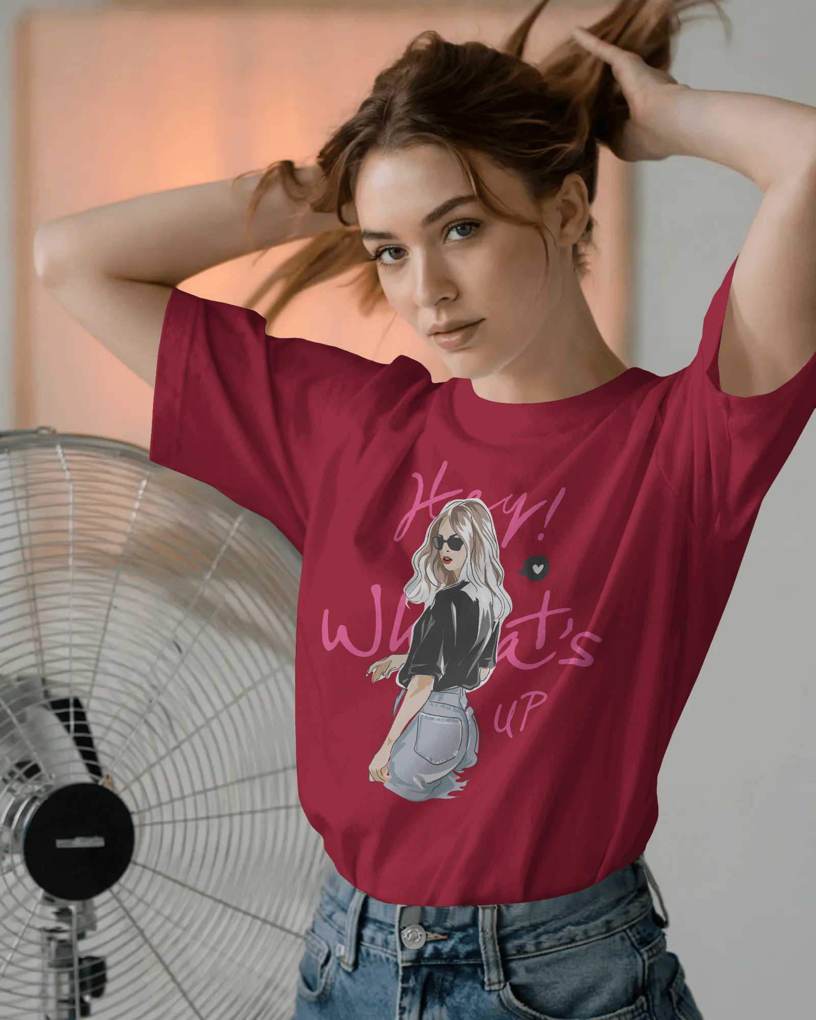 Hey What's Up Women's Graphic T-Shirt — Stylish Girl Illustration Casual Tee