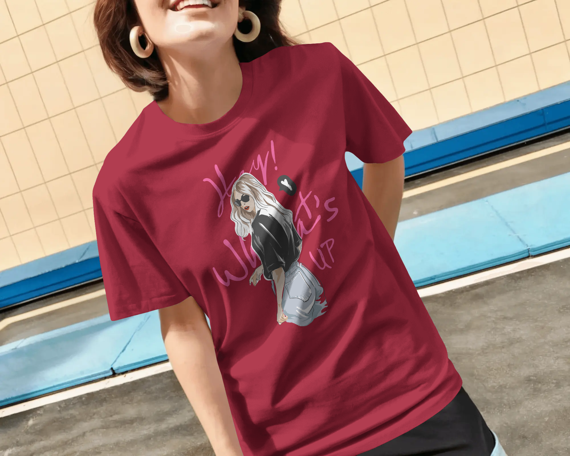 Hey What's Up Women's Graphic T-Shirt — Stylish Girl Illustration Casual Tee