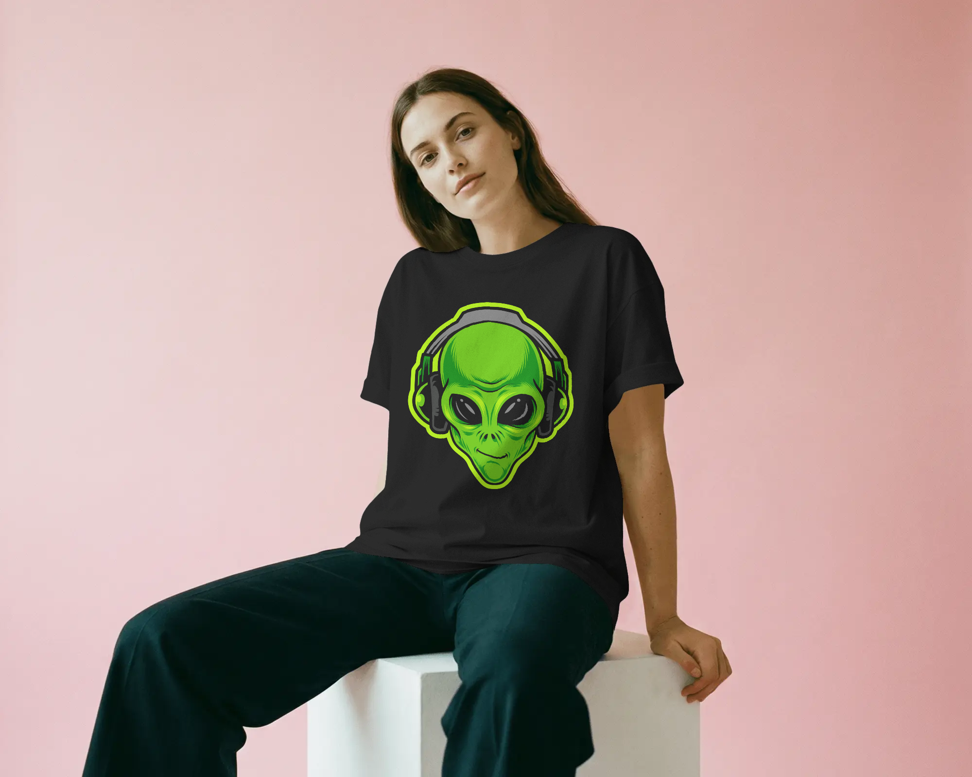 Neon DJ Alien Headphones Women's Graphic T-Shirt — Quirky Sci-Fi Music Tee