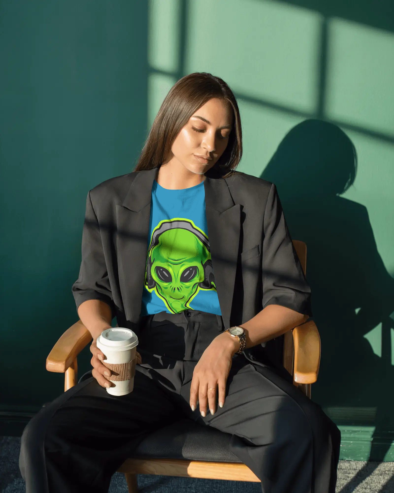 Neon DJ Alien Headphones Women's Graphic T-Shirt — Quirky Sci-Fi Music Tee