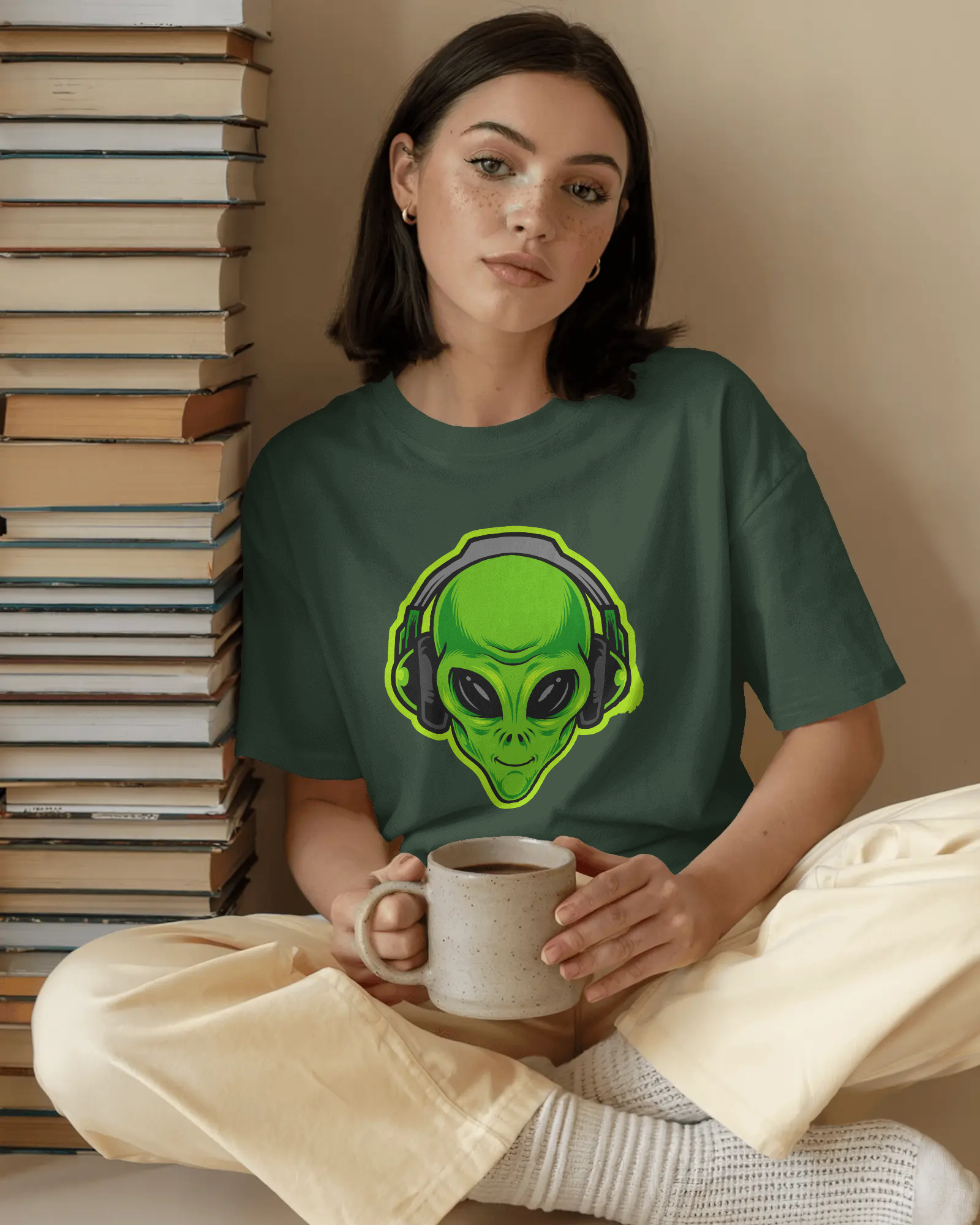 Neon DJ Alien Headphones Women's Graphic T-Shirt — Quirky Sci-Fi Music Tee