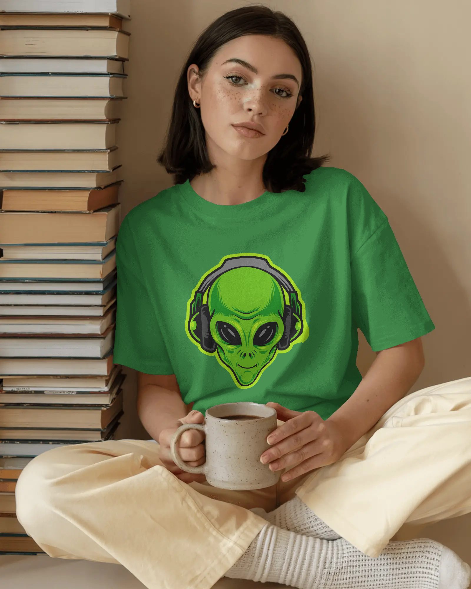 Neon DJ Alien Headphones Women's Graphic T-Shirt — Quirky Sci-Fi Music Tee