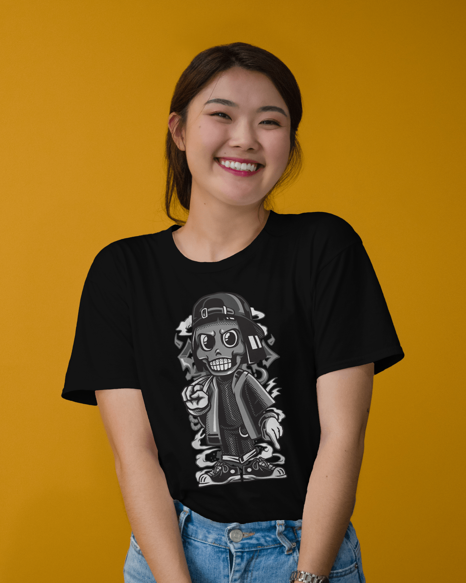 Skater Skull Girl Women's Graphic T-Shirt — Grayscale Streetwear Urban Tee