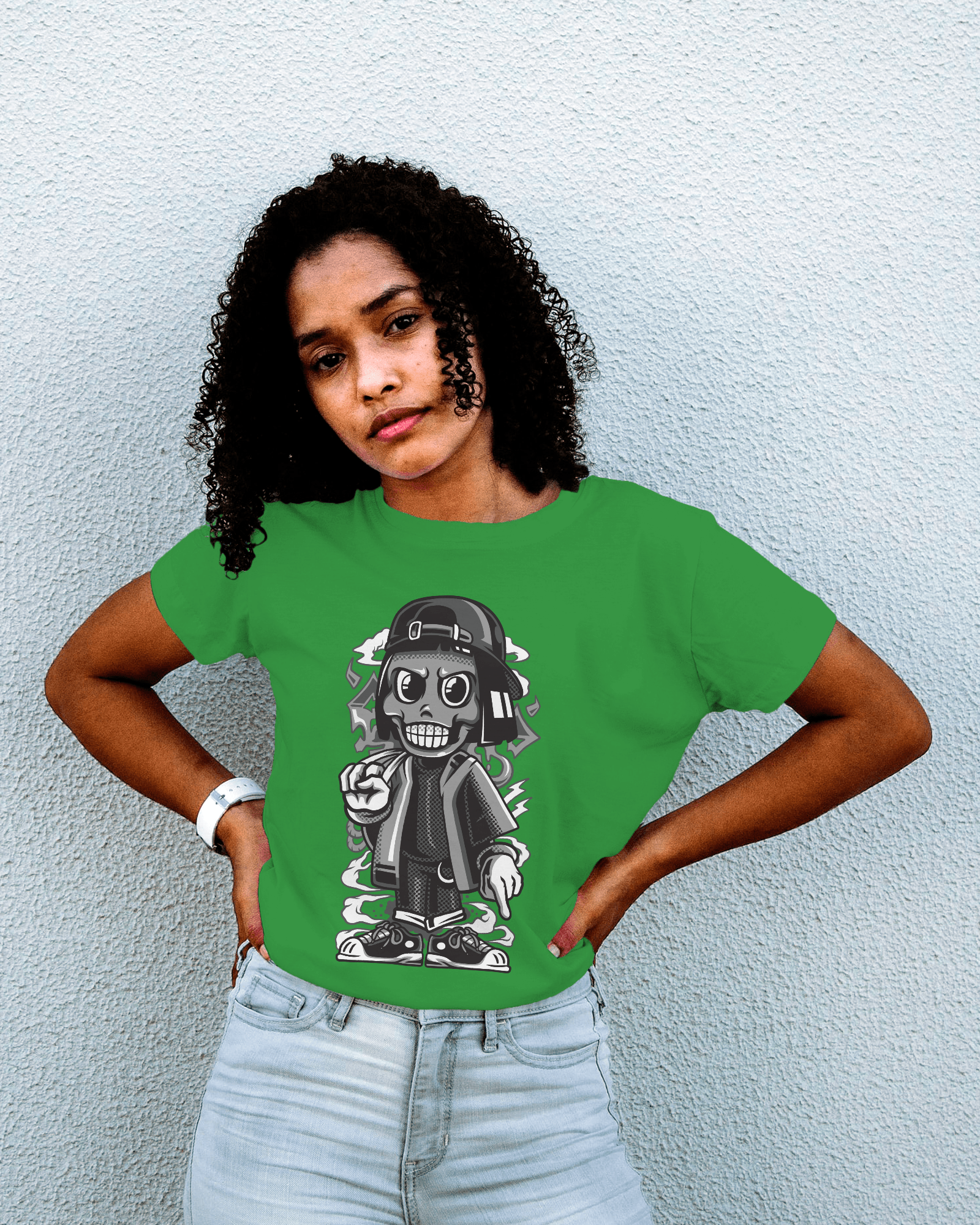 Skater Skull Girl Women's Graphic T-Shirt — Grayscale Streetwear Urban Tee