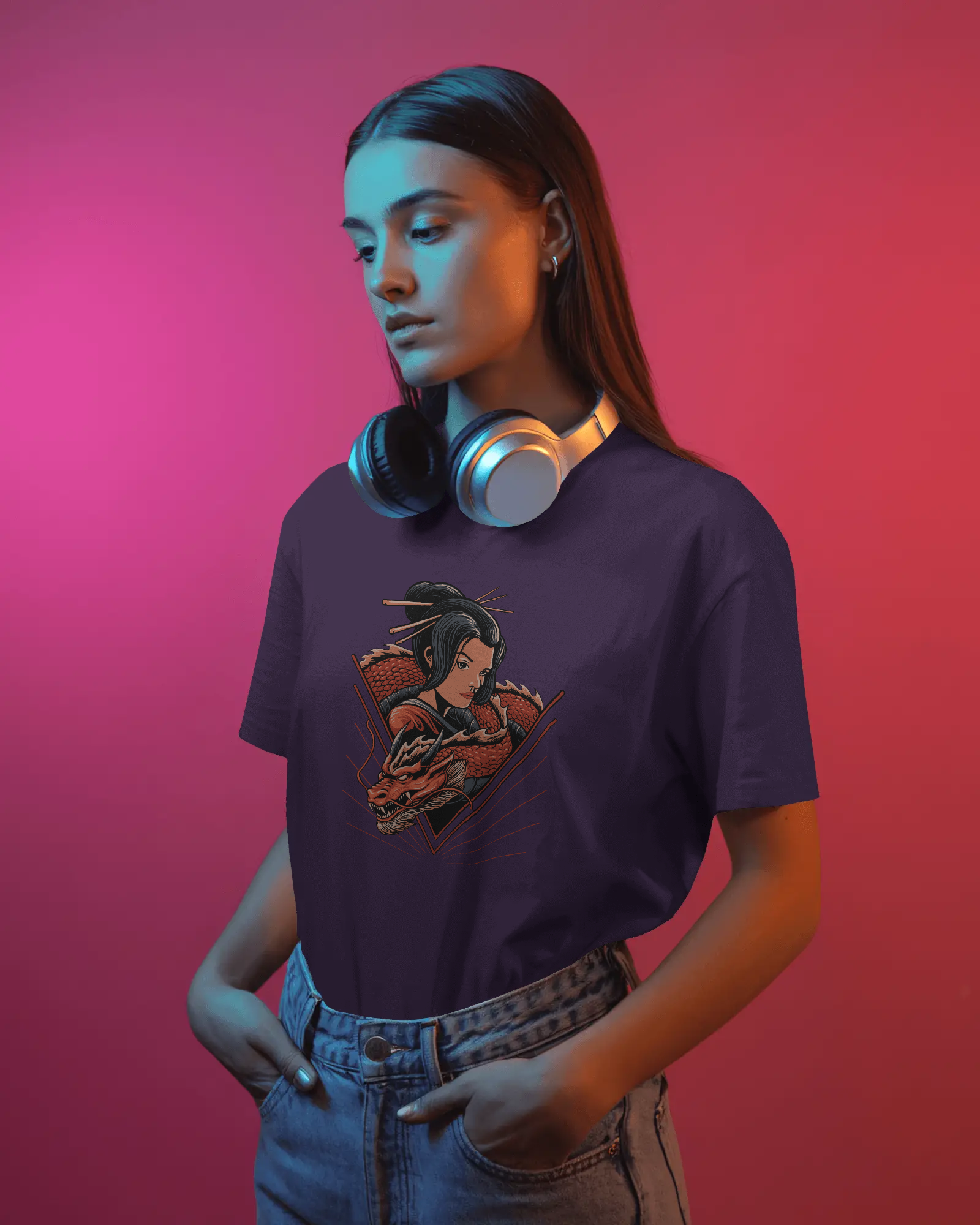 Geisha & Red Dragon Women's Graphic T-Shirt: Japanese Tattoo Style Streetwear Tee