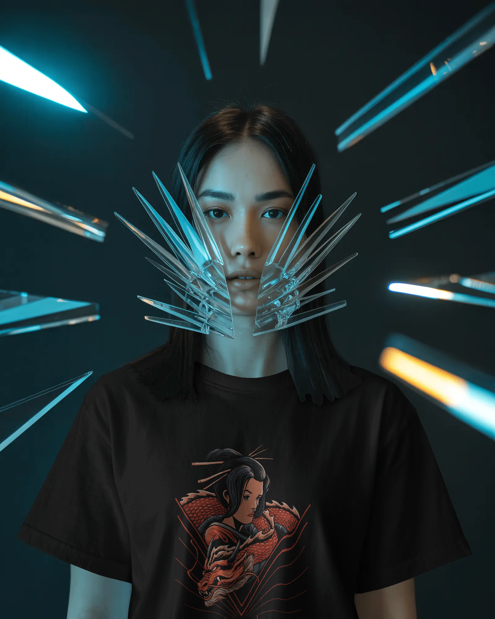Geisha & Red Dragon Women's Graphic T-Shirt: Japanese Tattoo Style Streetwear Tee