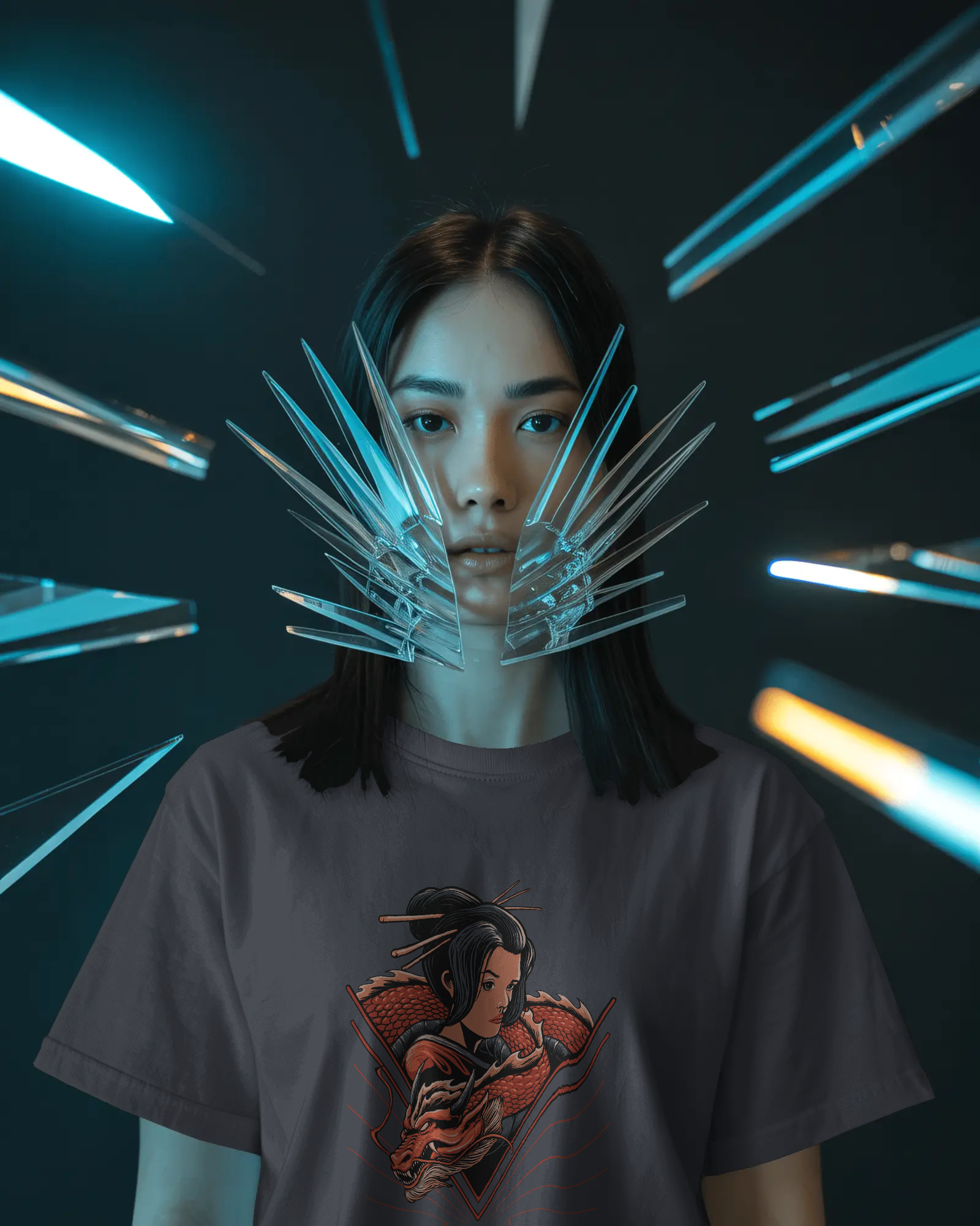 Geisha & Red Dragon Women's Graphic T-Shirt: Japanese Tattoo Style Streetwear Tee