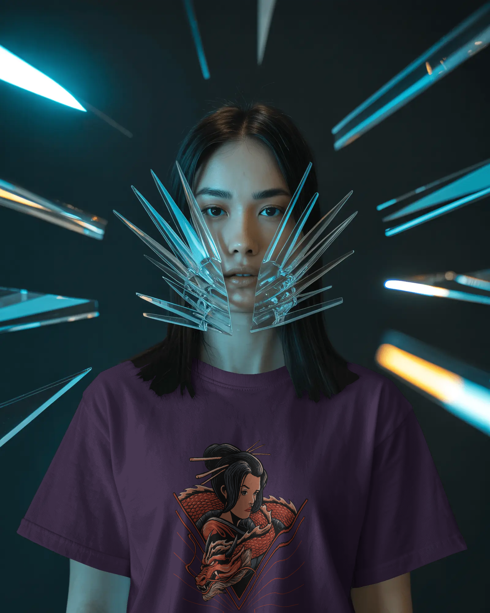 Geisha & Red Dragon Women's Graphic T-Shirt: Japanese Tattoo Style Streetwear Tee