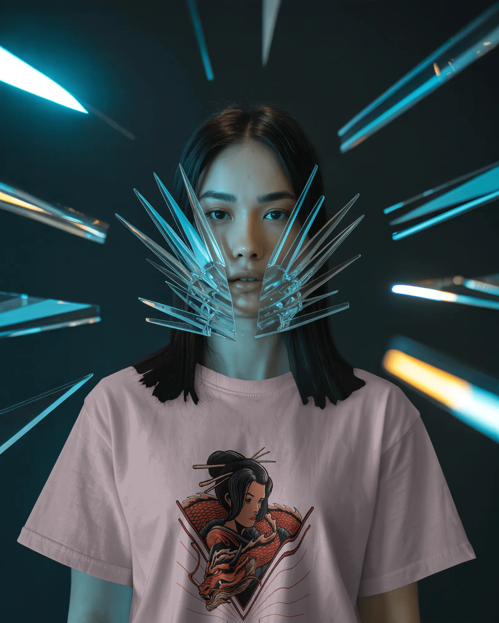 Geisha & Red Dragon Women's Graphic T-Shirt: Japanese Tattoo Style Streetwear Tee