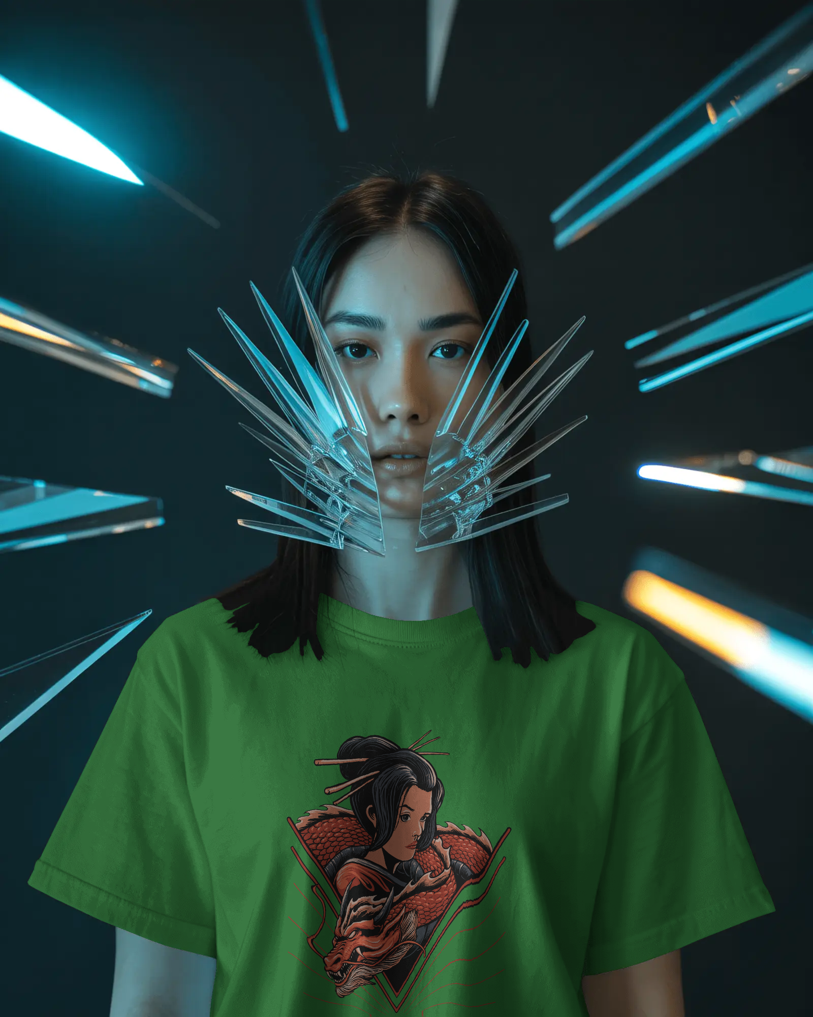 Geisha & Red Dragon Women's Graphic T-Shirt: Japanese Tattoo Style Streetwear Tee