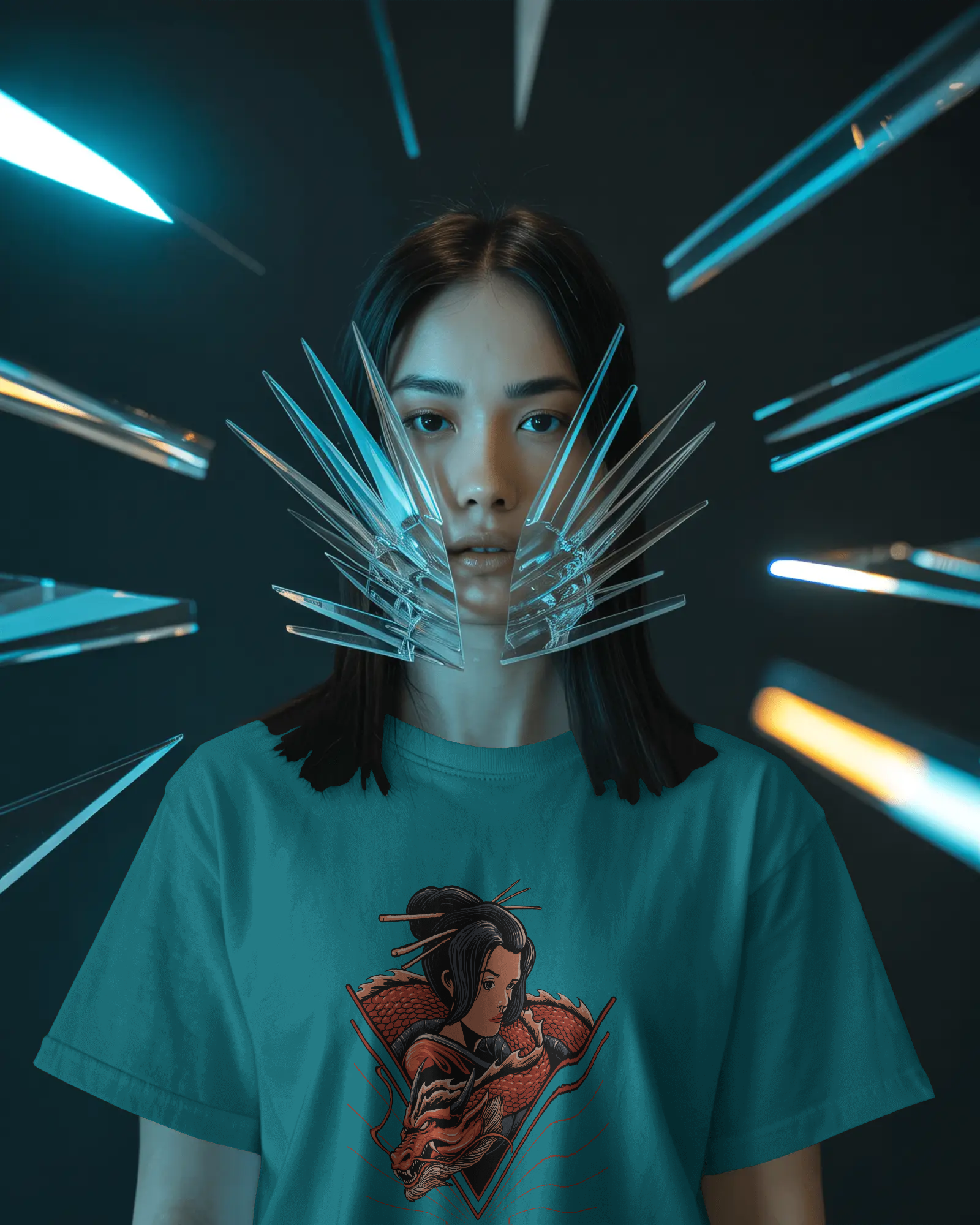 Geisha & Red Dragon Women's Graphic T-Shirt: Japanese Tattoo Style Streetwear Tee