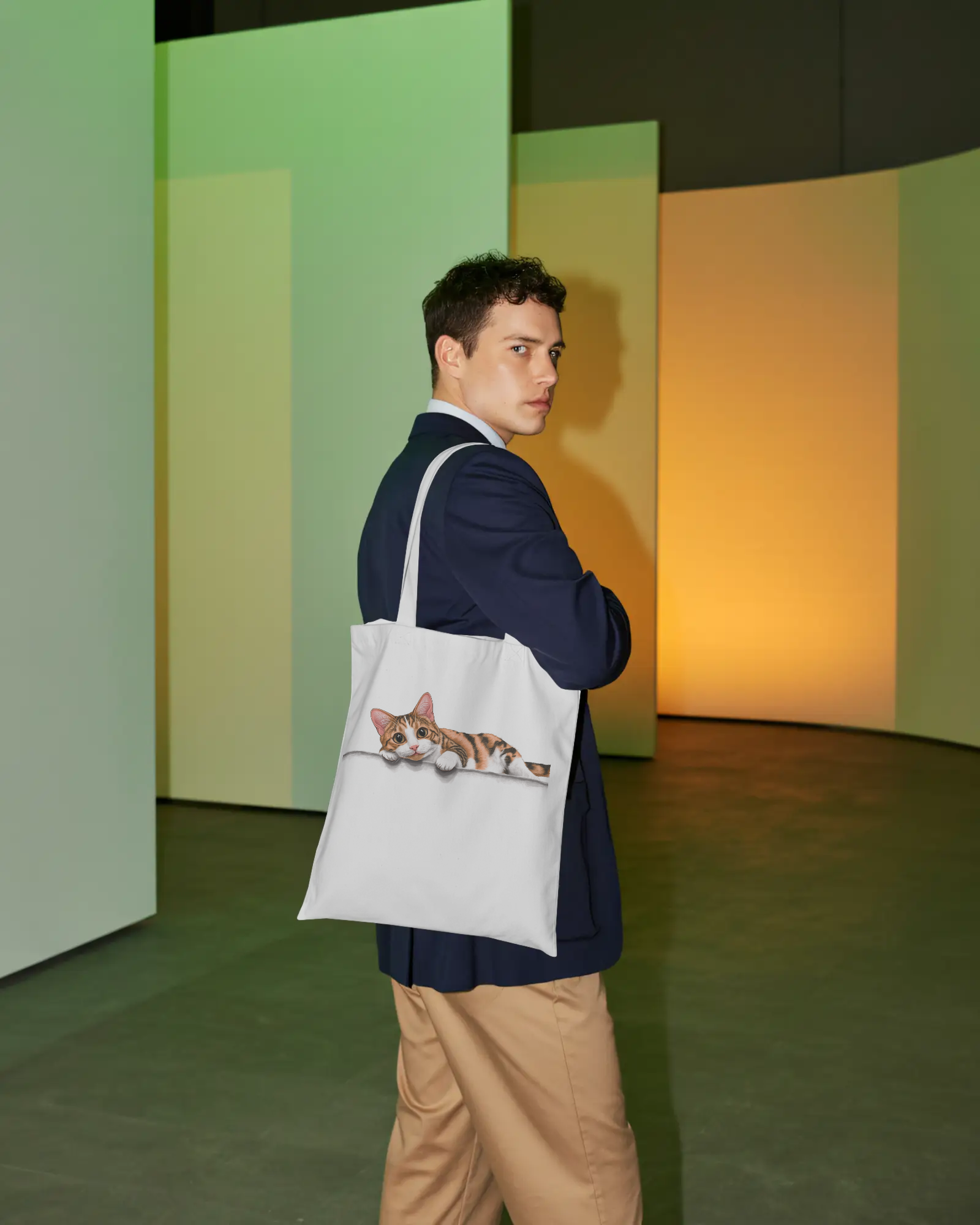 Calico Cat Canvas Tote Bag: Cute Lounging Cat Reusable Shopper for Cat Lovers