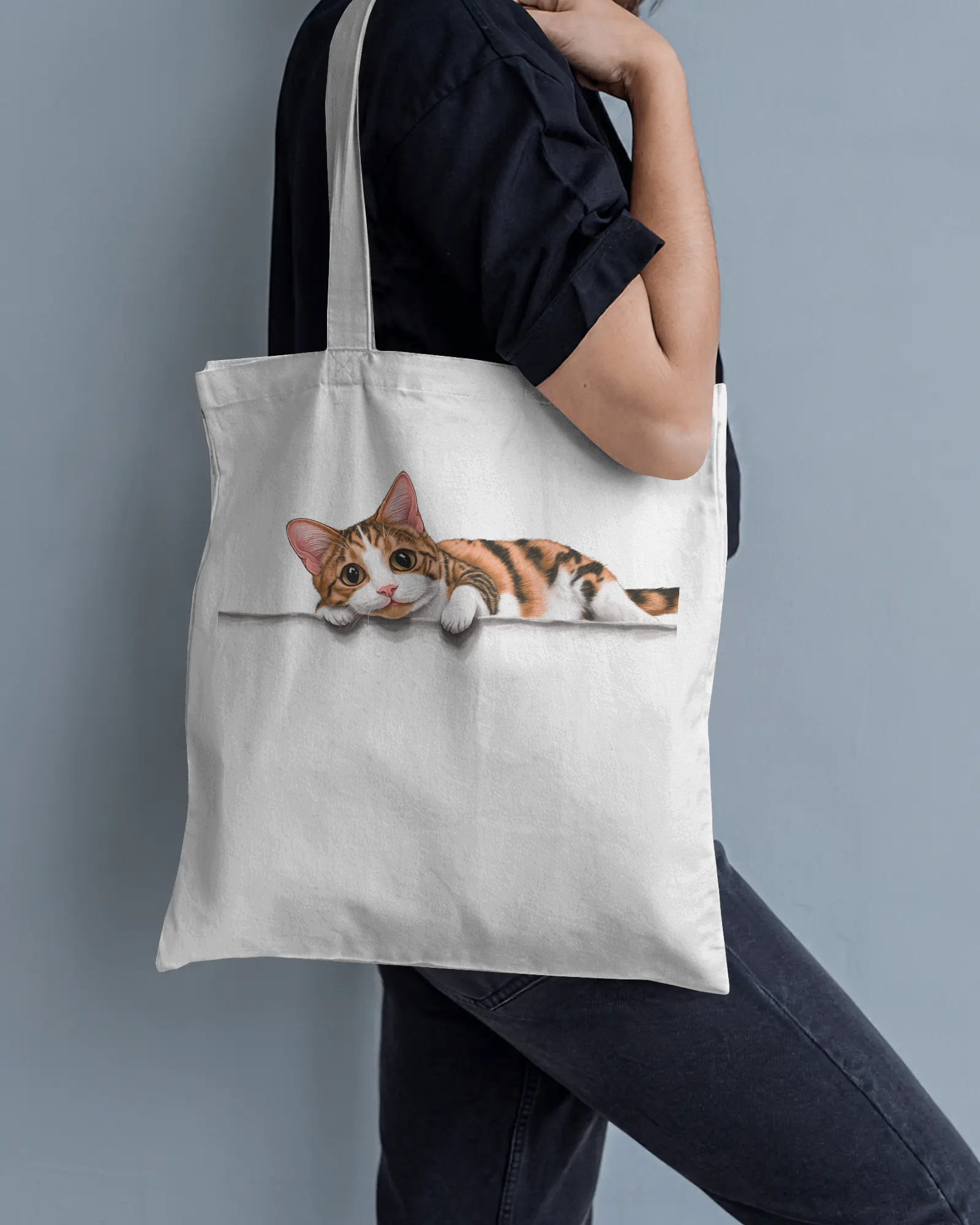 Calico Cat Canvas Tote Bag: Cute Lounging Cat Reusable Shopper for Cat Lovers