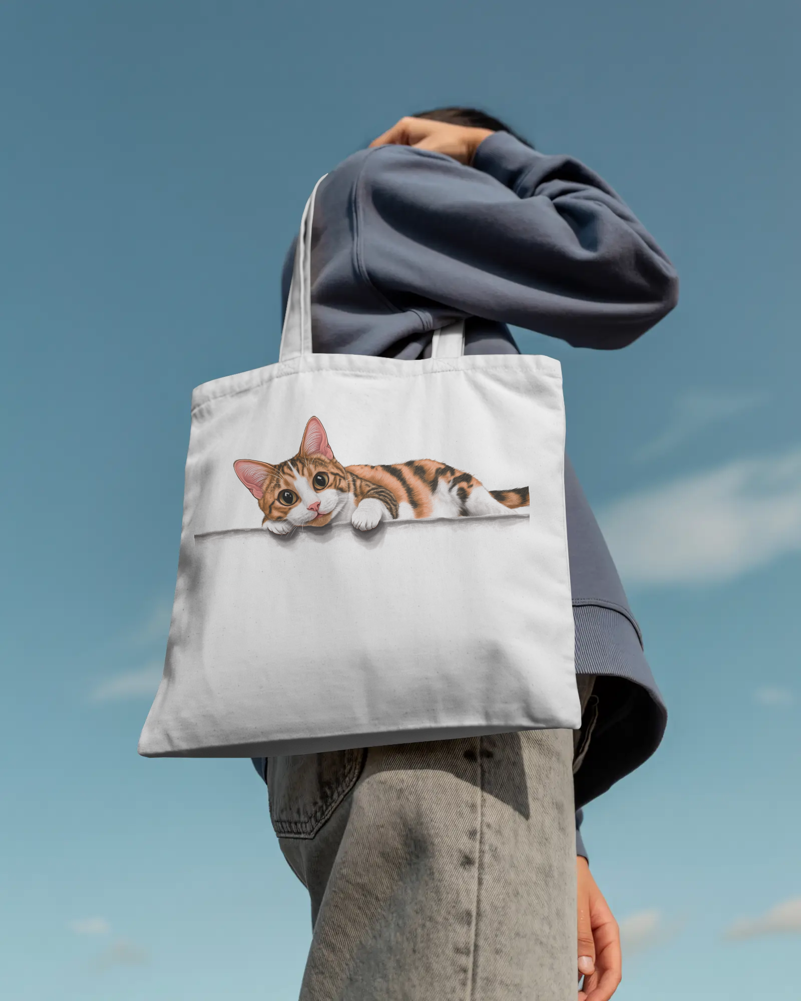 Calico Cat Canvas Tote Bag: Cute Lounging Cat Reusable Shopper for Cat Lovers