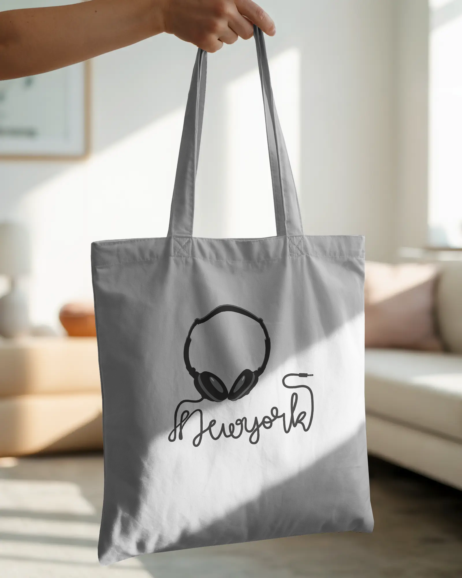 New York Headphones Canvas Tote Bag: Minimalist Music City Reusable Shopper