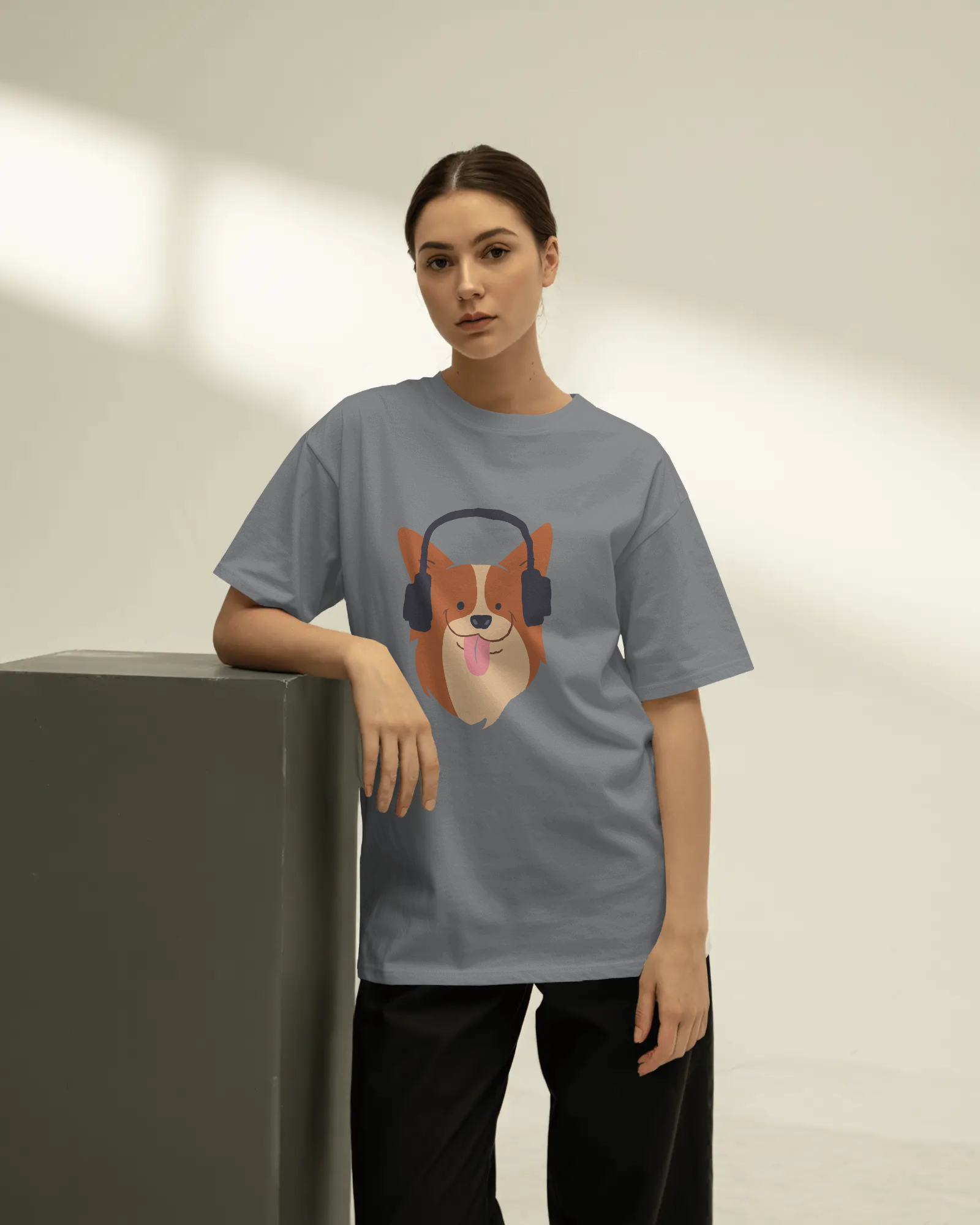 Corgi with Headphones T-Shirt — Women's Cute Dog Music Graphic Tee