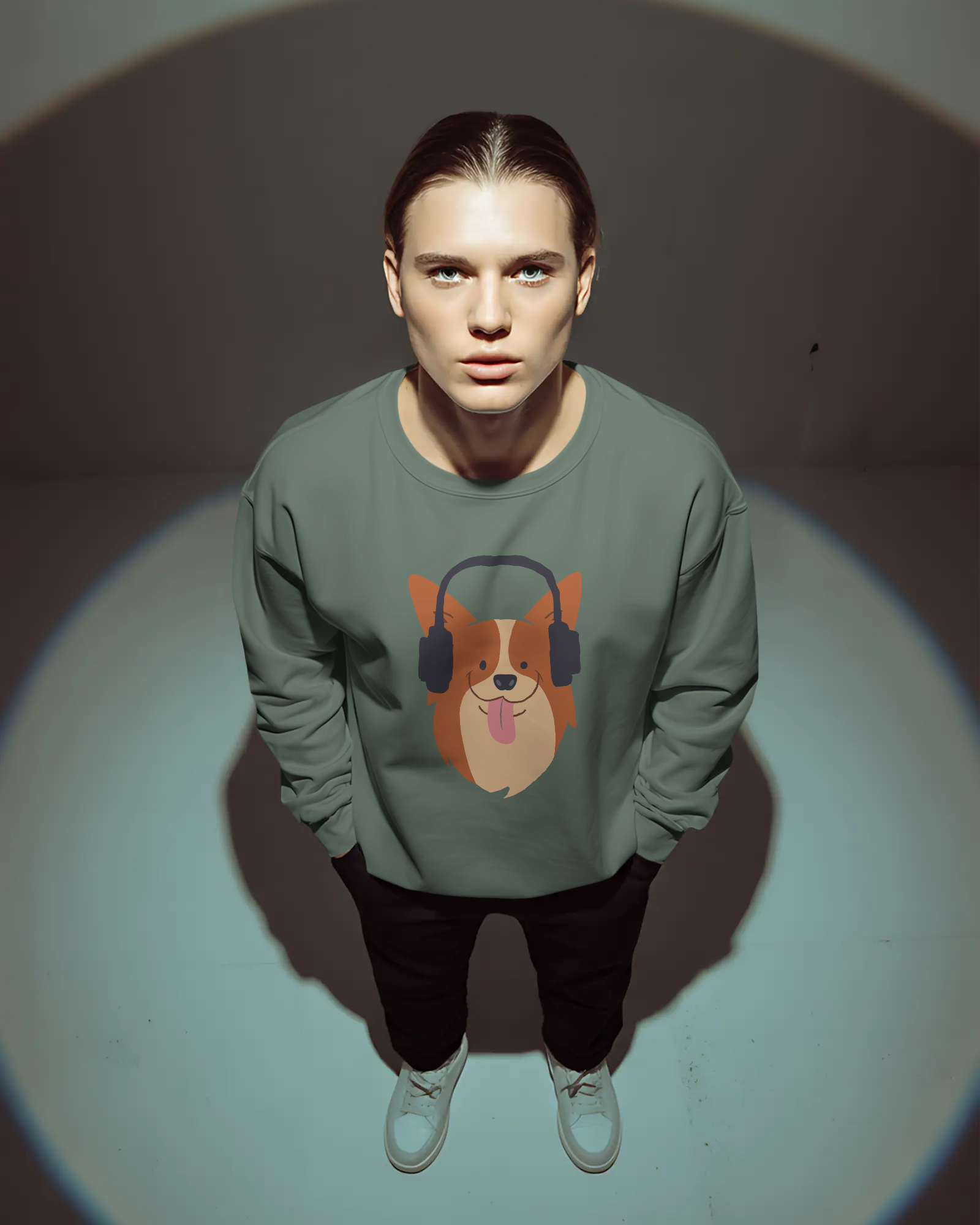 Corgi with Headphones Crewneck Sweatshirt — Cute Dog Music Graphic