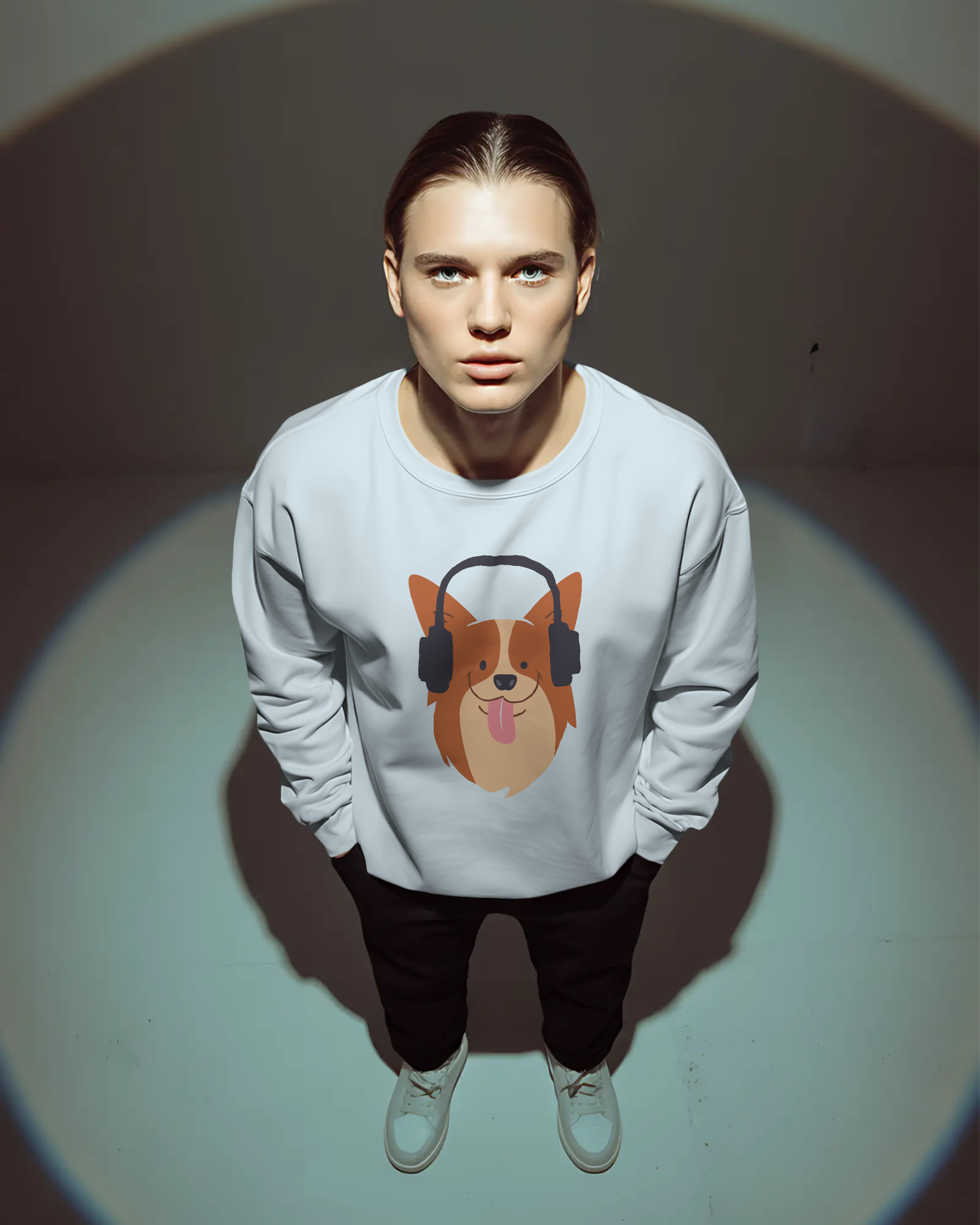 Corgi with Headphones Crewneck Sweatshirt — Cute Dog Music Graphic