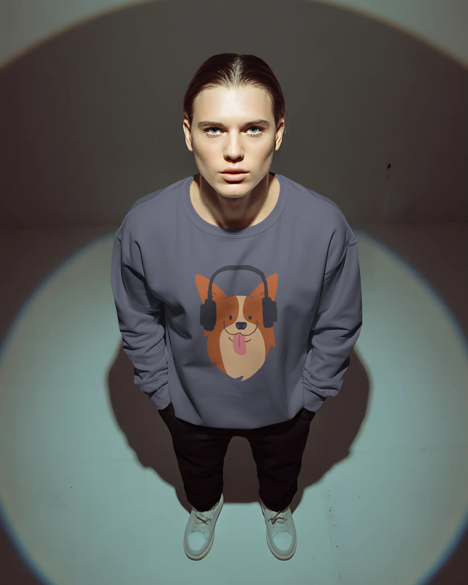 Corgi with Headphones Crewneck Sweatshirt — Cute Dog Music Graphic