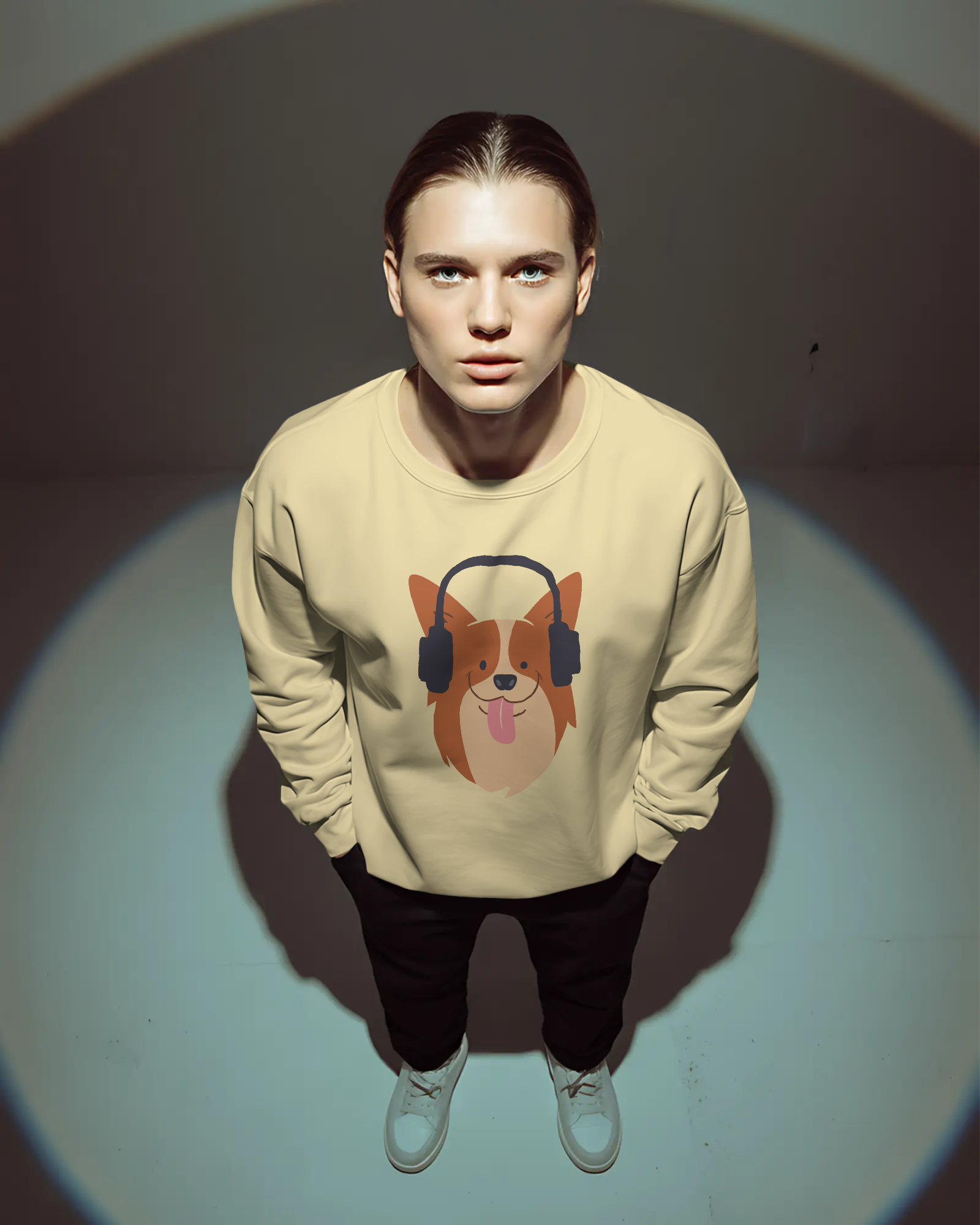 Corgi with Headphones Crewneck Sweatshirt — Cute Dog Music Graphic