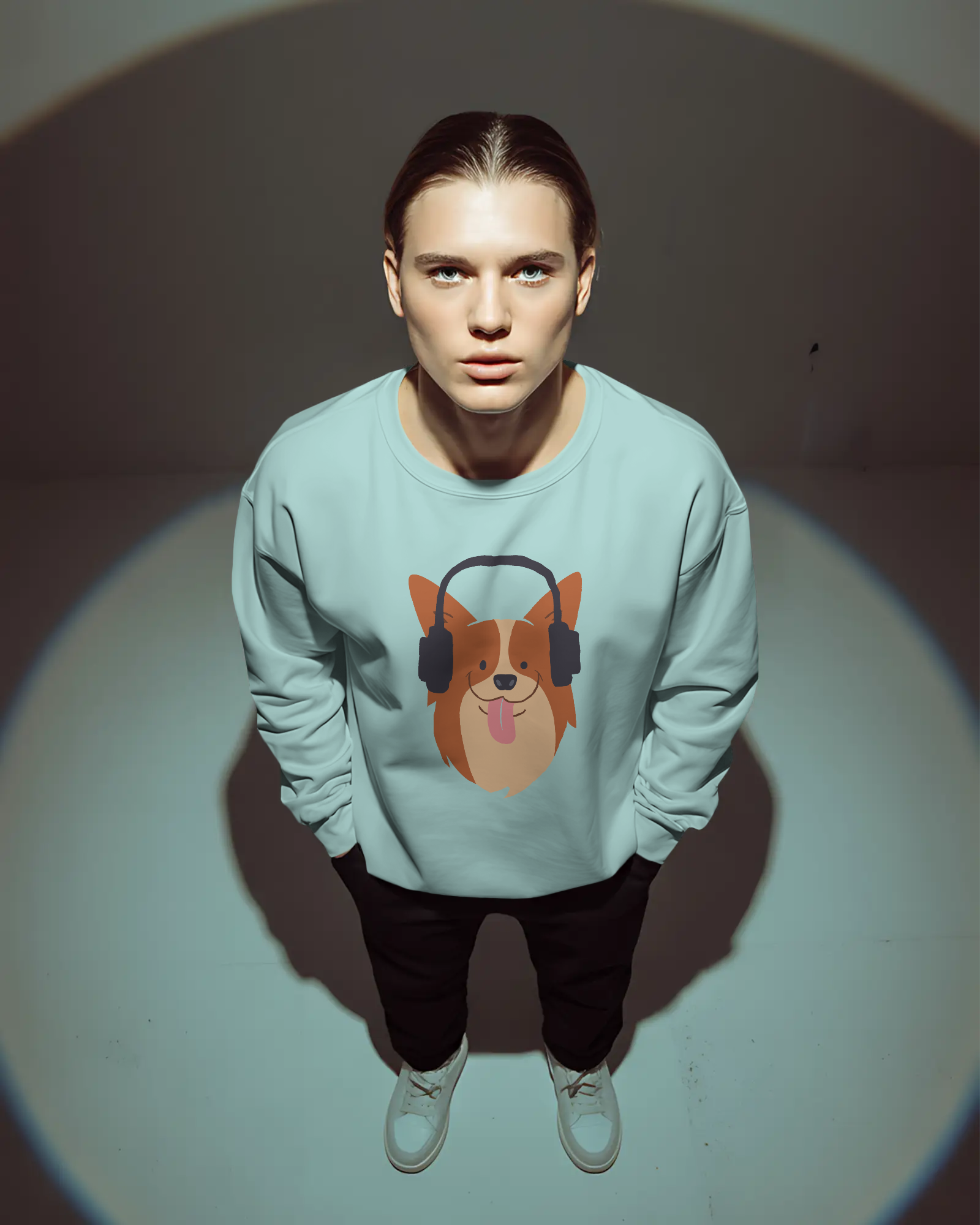 Corgi with Headphones Crewneck Sweatshirt — Cute Dog Music Graphic