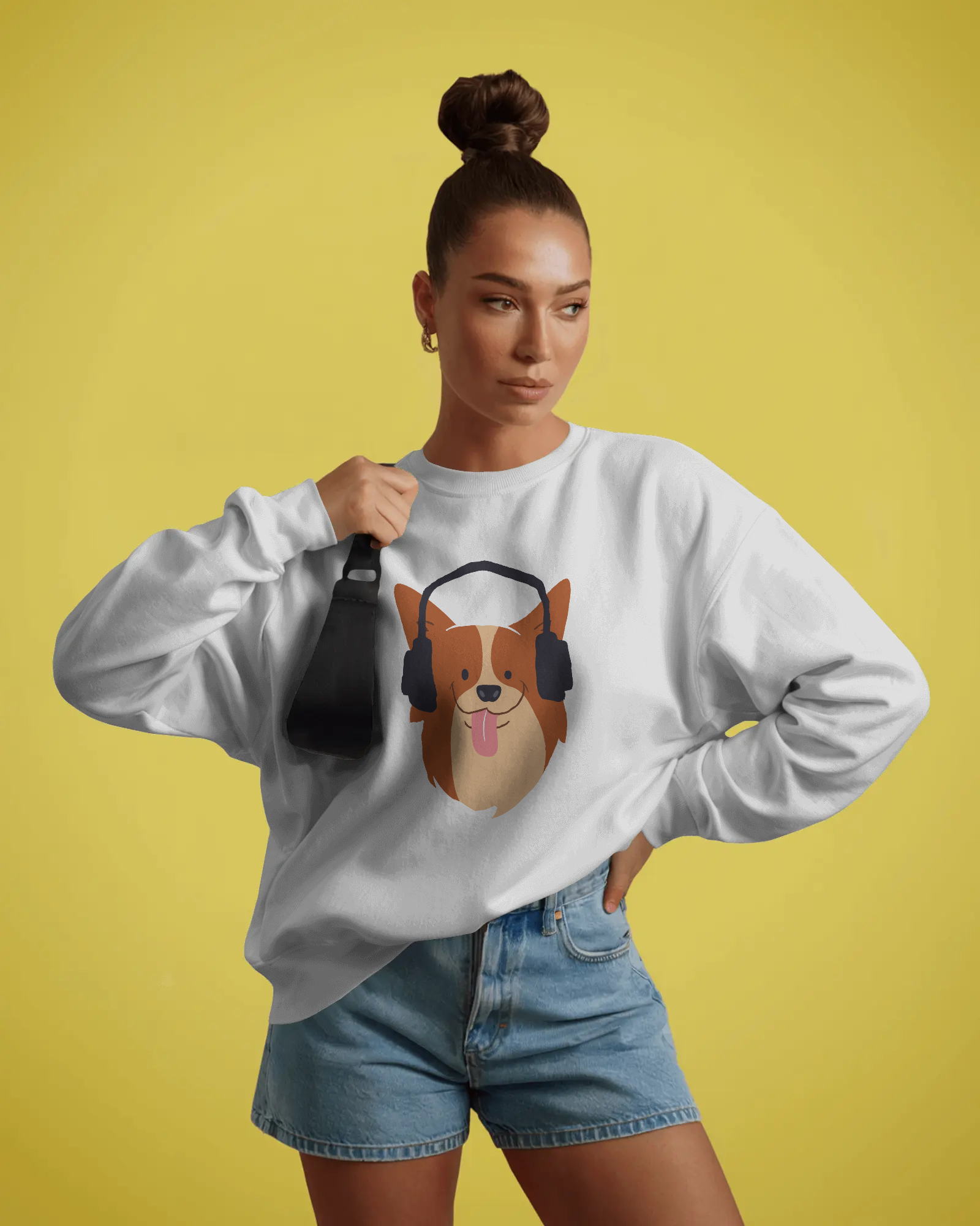 Corgi with Headphones Crewneck Sweatshirt — Cute Dog Music Graphic