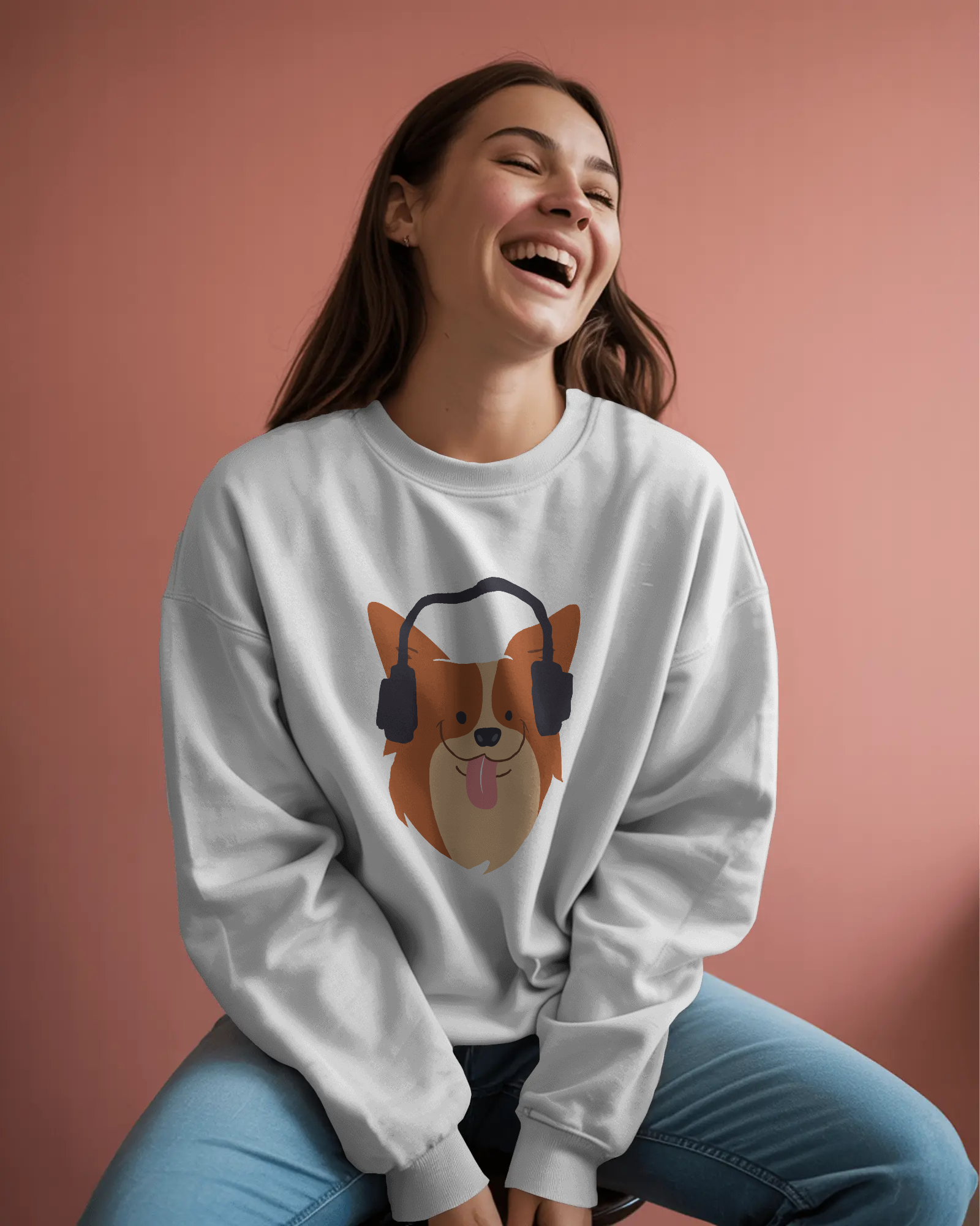 Corgi with Headphones Crewneck Sweatshirt — Cute Dog Music Graphic