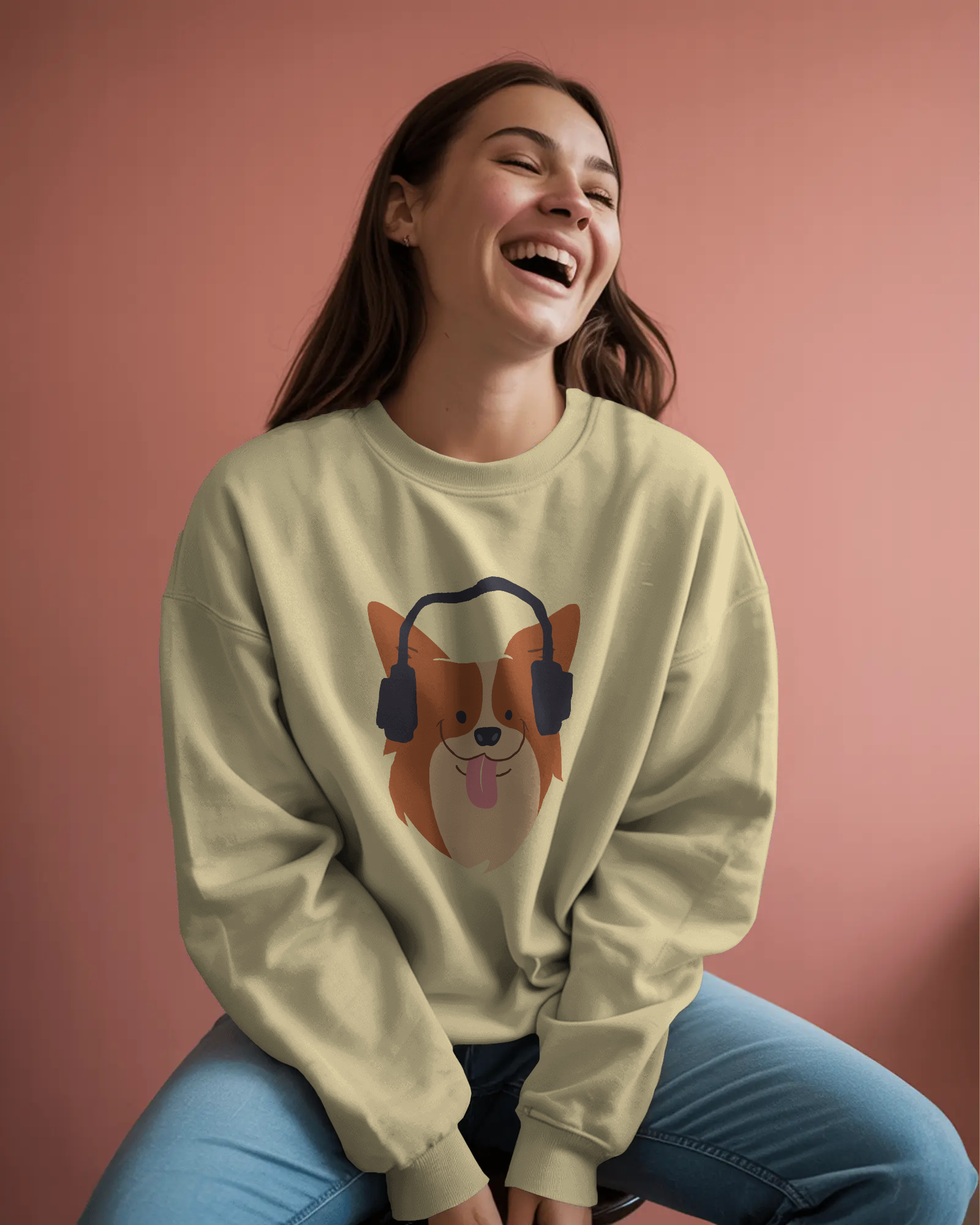 Corgi with Headphones Crewneck Sweatshirt — Cute Dog Music Graphic