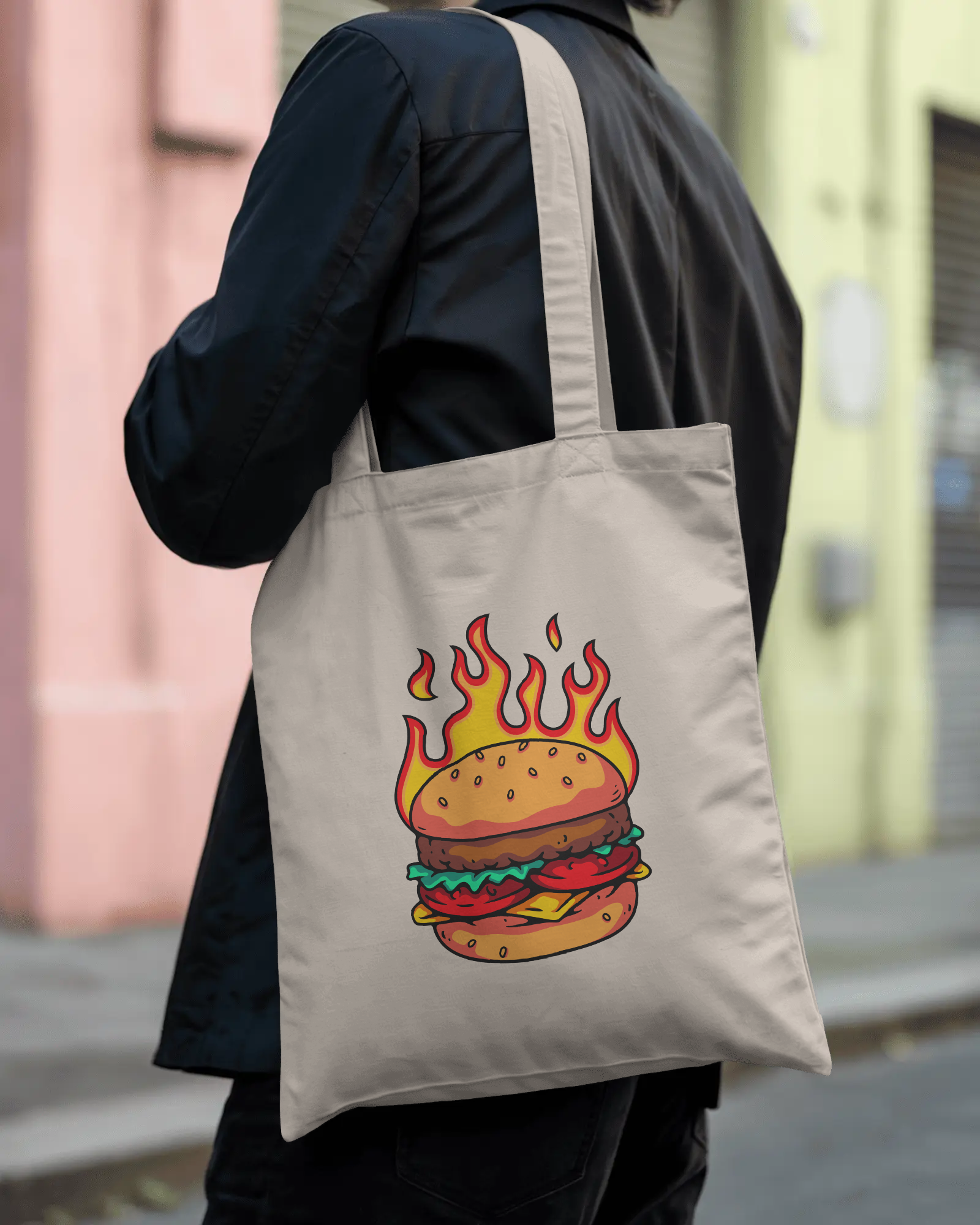 Flaming Burger Canvas Tote Bag — Spicy Graphic Cotton Shopper