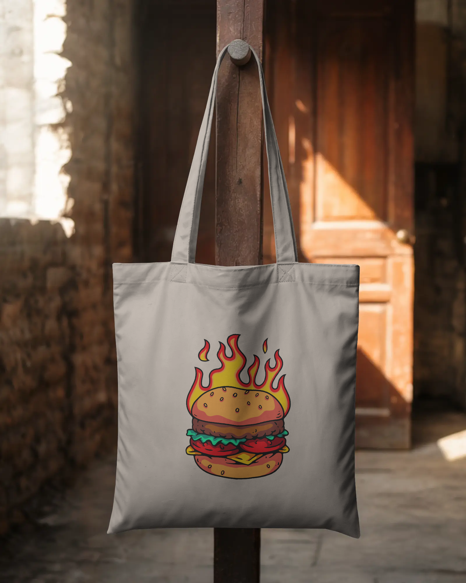 Flaming Burger Canvas Tote Bag — Spicy Graphic Cotton Shopper