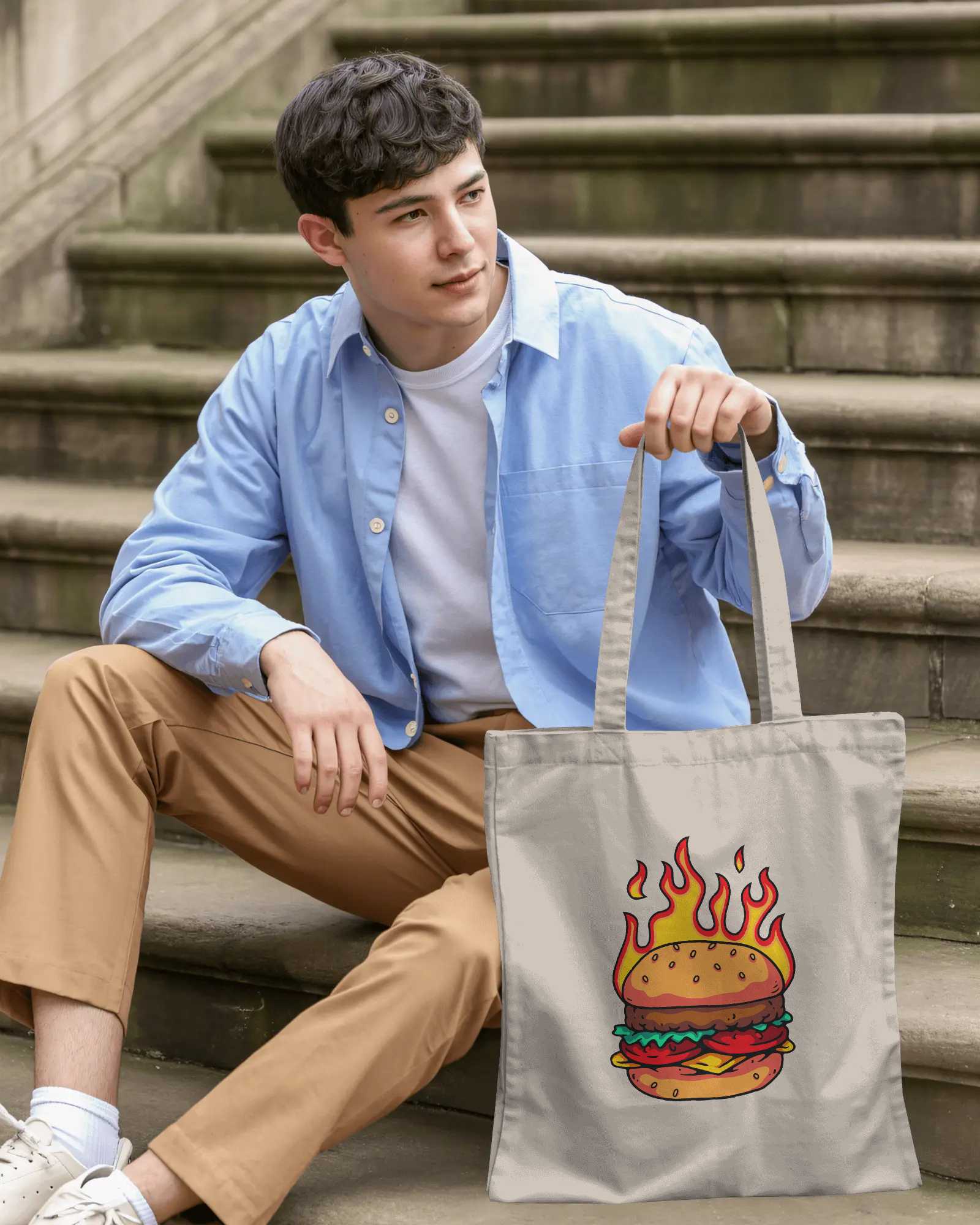 Flaming Burger Canvas Tote Bag — Spicy Graphic Cotton Shopper