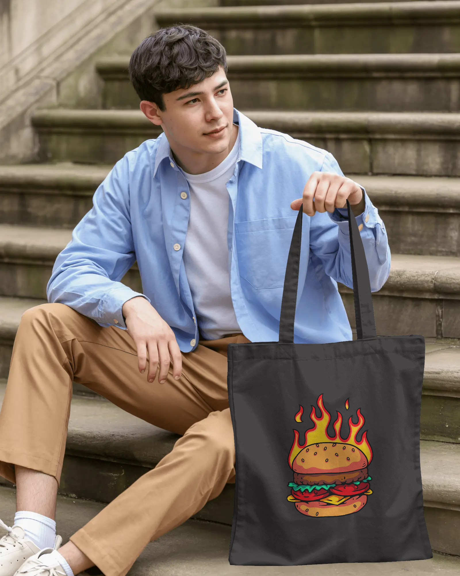 Flaming Burger Canvas Tote Bag — Spicy Graphic Cotton Shopper