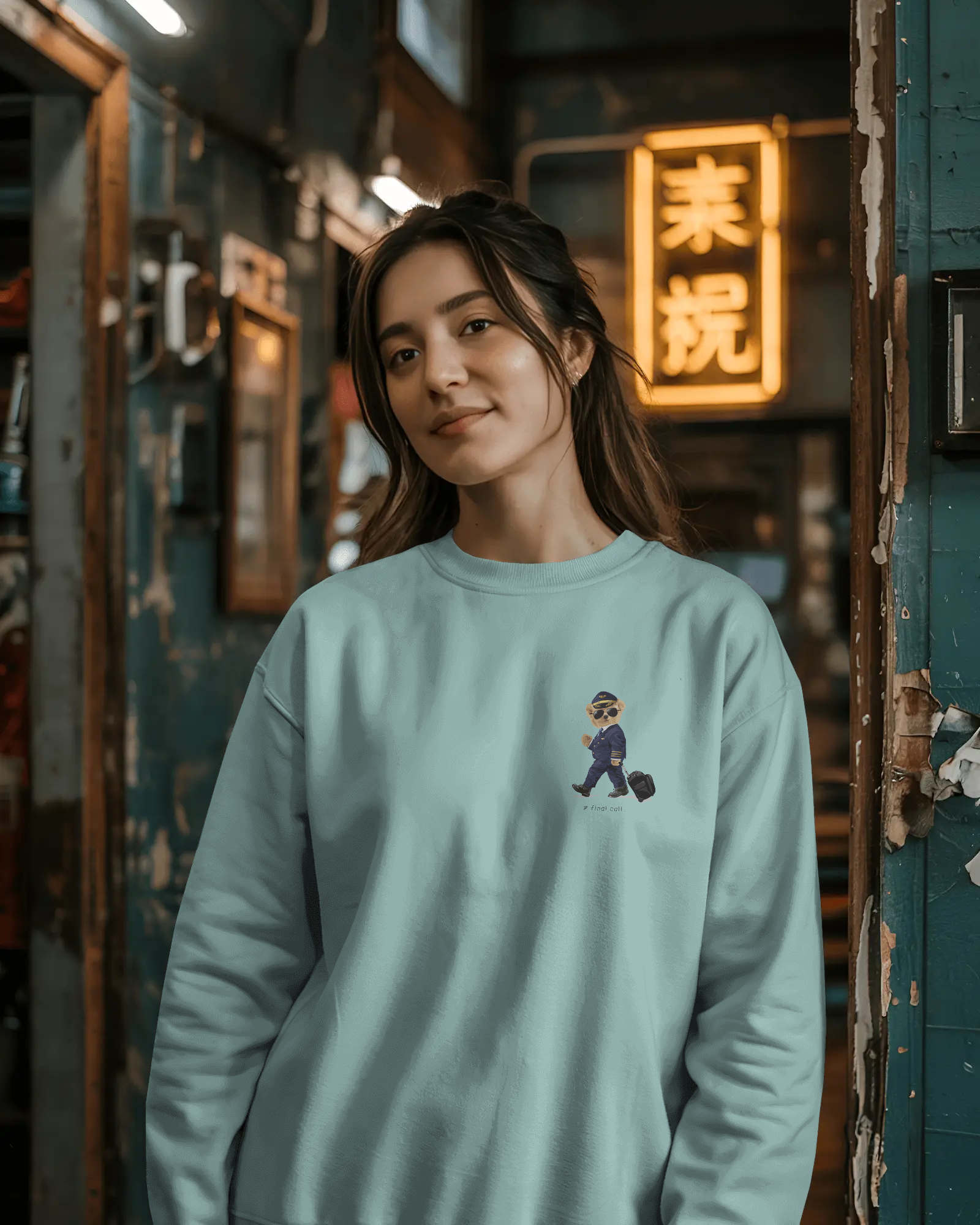 Polo Bear Pilot Crewneck Sweatshirt — Cute Travel Bear Graphic