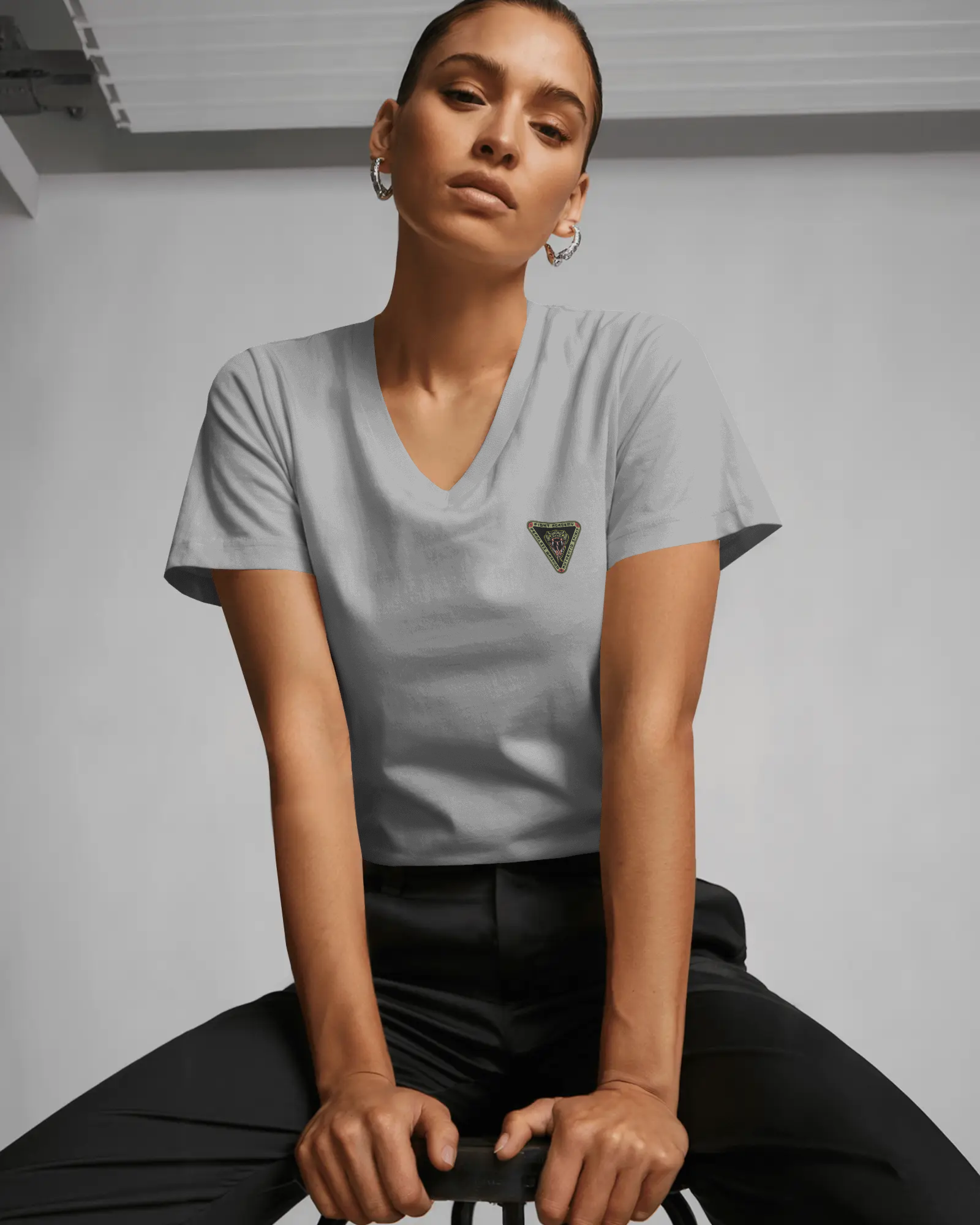 Mini Triangle Patch V-Neck Tee — Women's Casual Chest Emblem Shirt