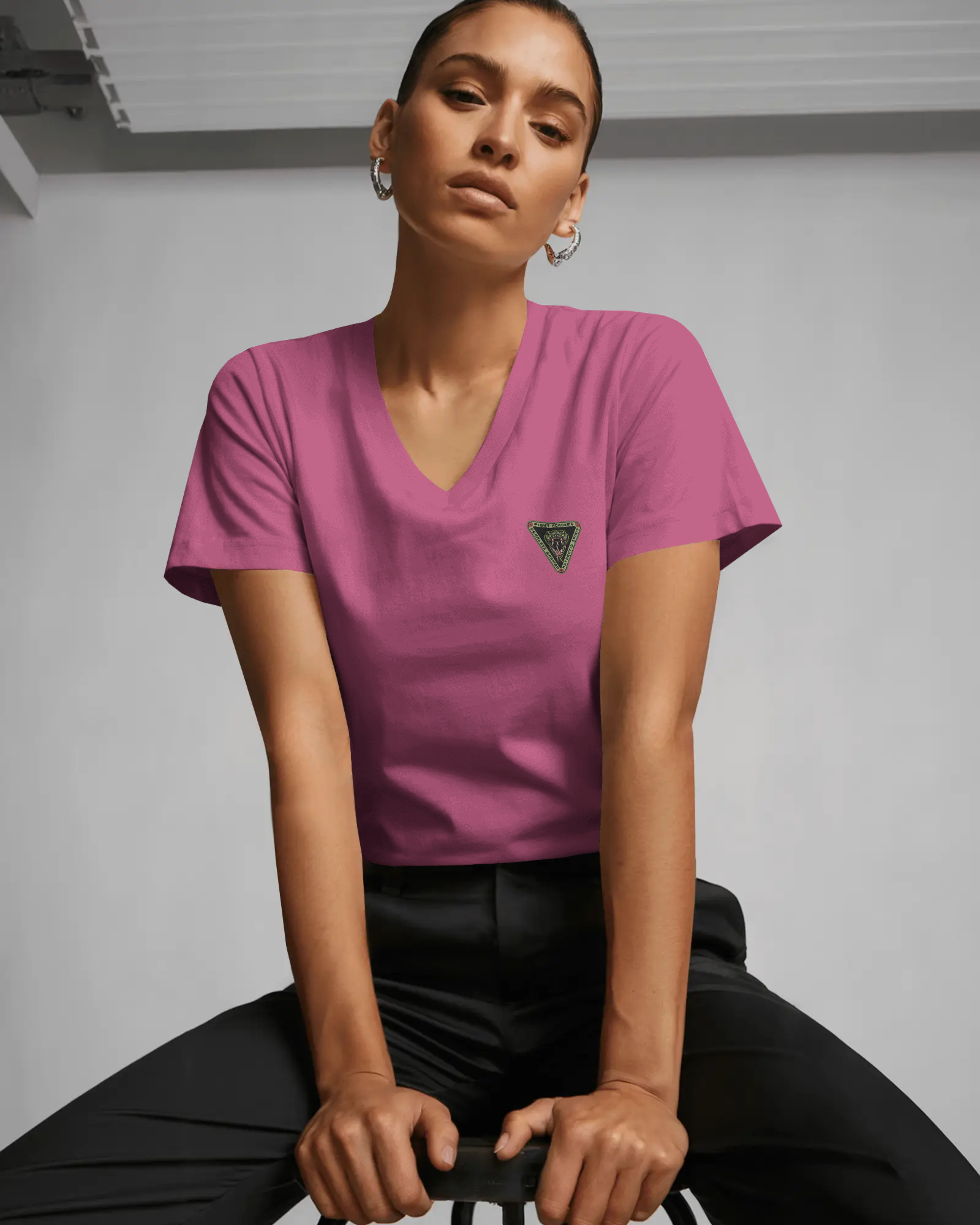 Mini Triangle Patch V-Neck Tee — Women's Casual Chest Emblem Shirt