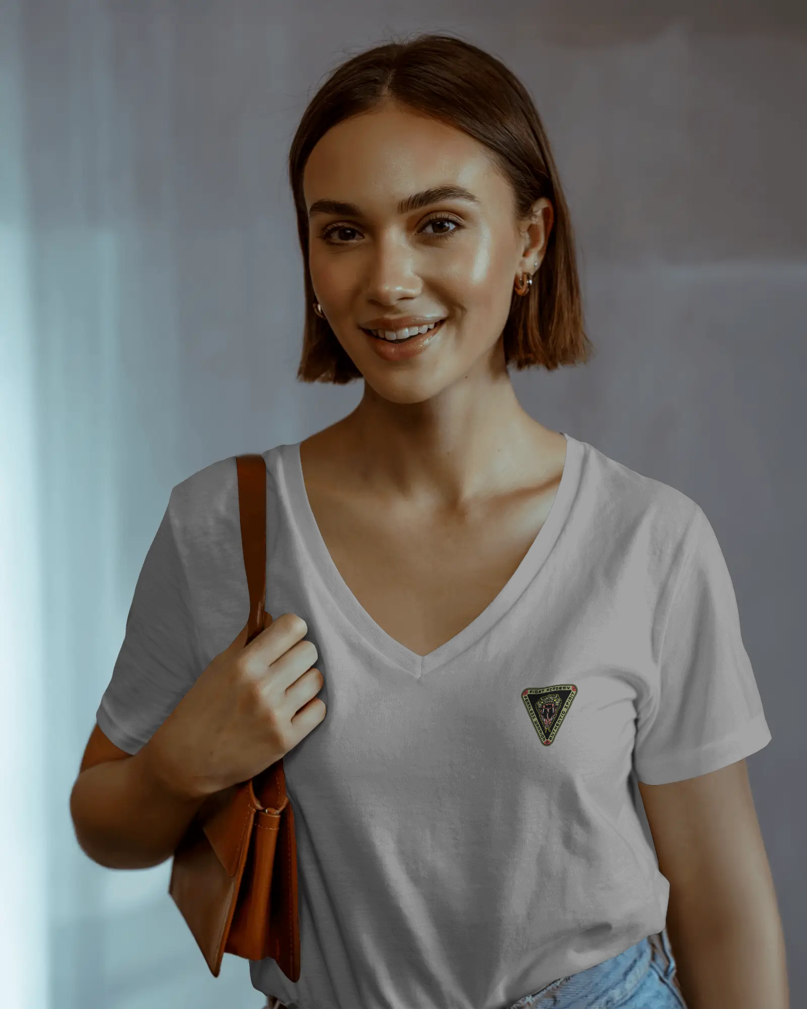 Mini Triangle Patch V-Neck Tee — Women's Casual Chest Emblem Shirt