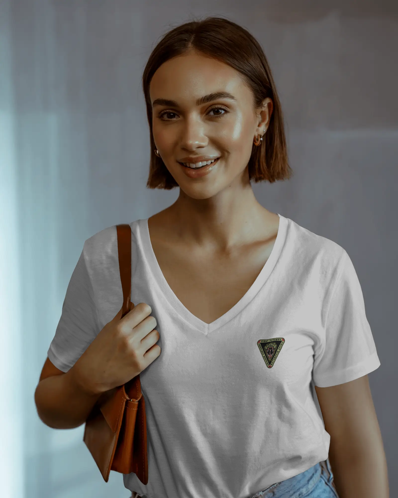 Mini Triangle Patch V-Neck Tee — Women's Casual Chest Emblem Shirt