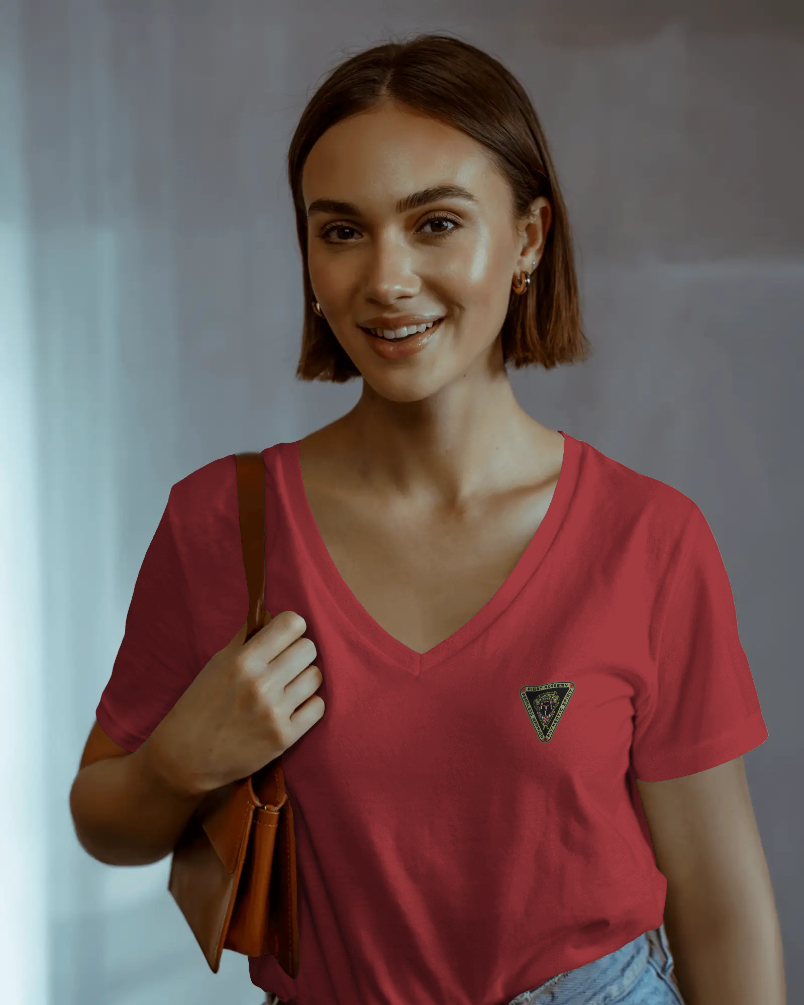 Mini Triangle Patch V-Neck Tee — Women's Casual Chest Emblem Shirt