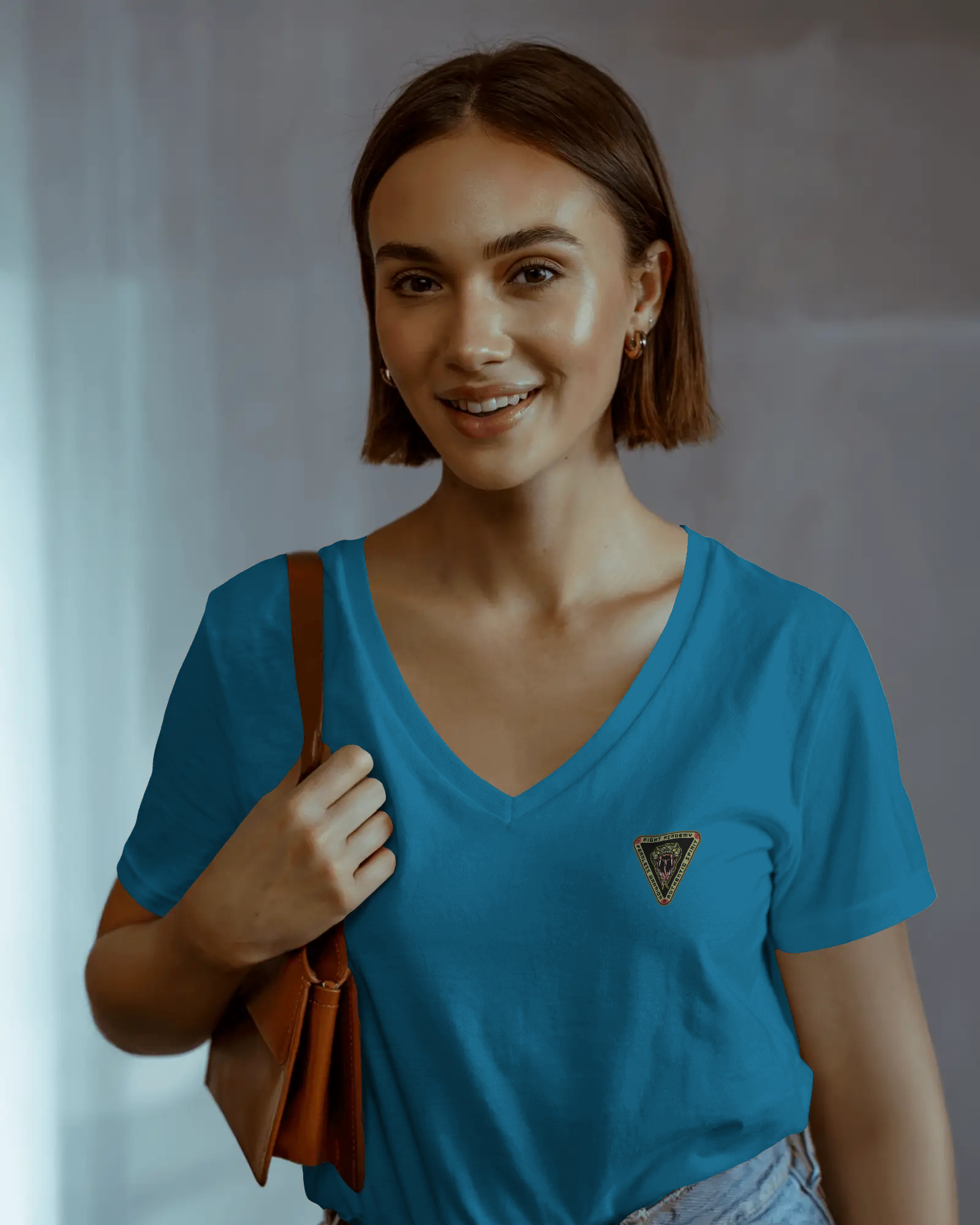 Mini Triangle Patch V-Neck Tee — Women's Casual Chest Emblem Shirt