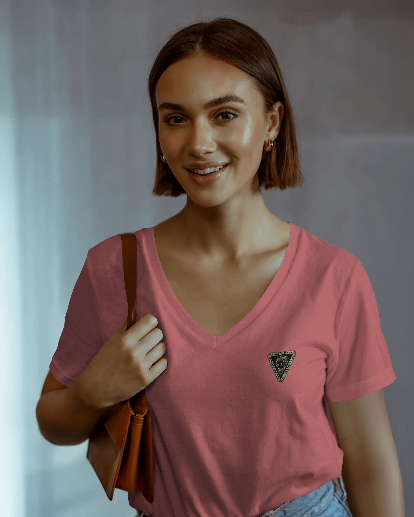 Mini Triangle Patch V-Neck Tee — Women's Casual Chest Emblem Shirt