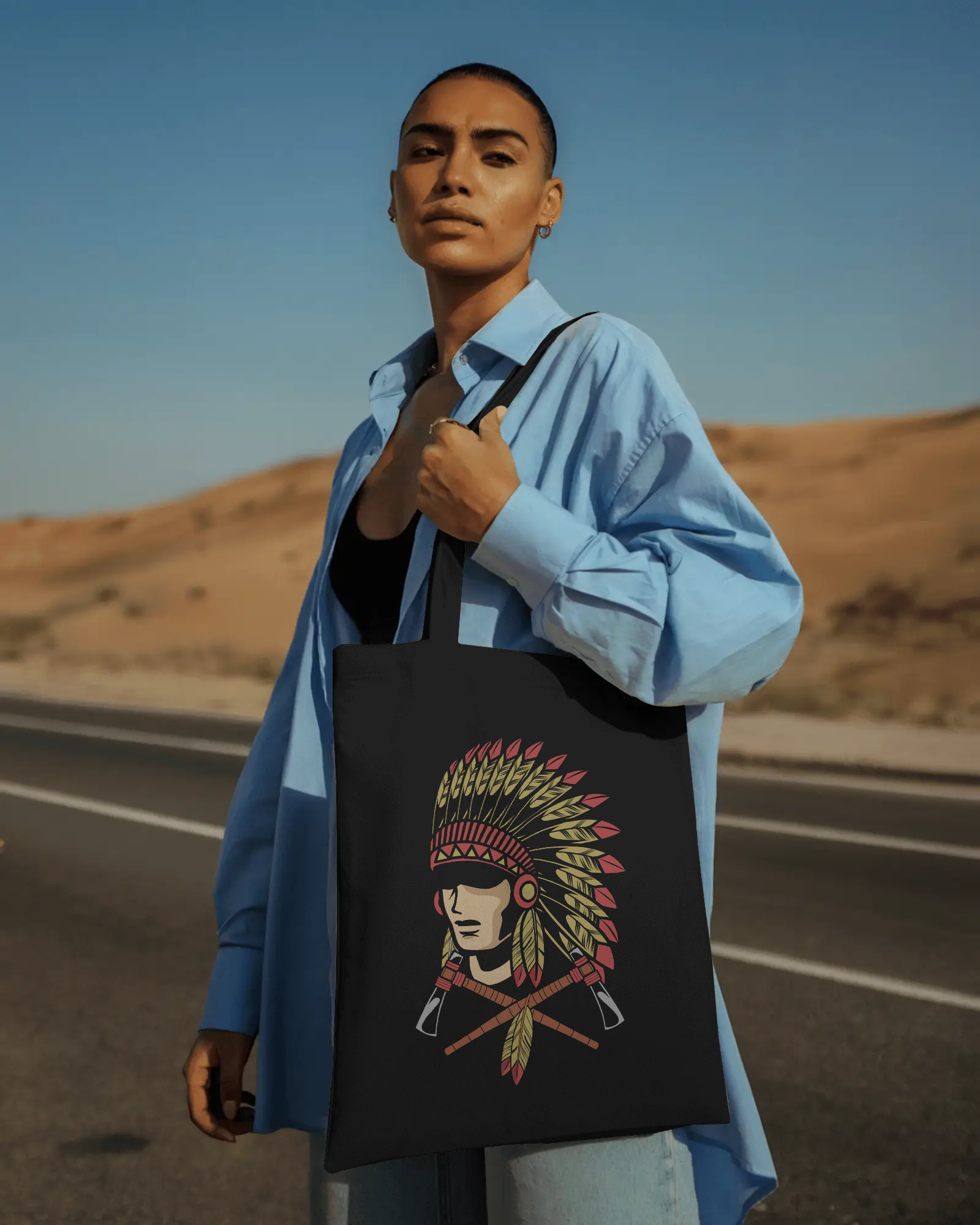 Native Headdress Cotton Tote — Vintage Tribal Chief Design