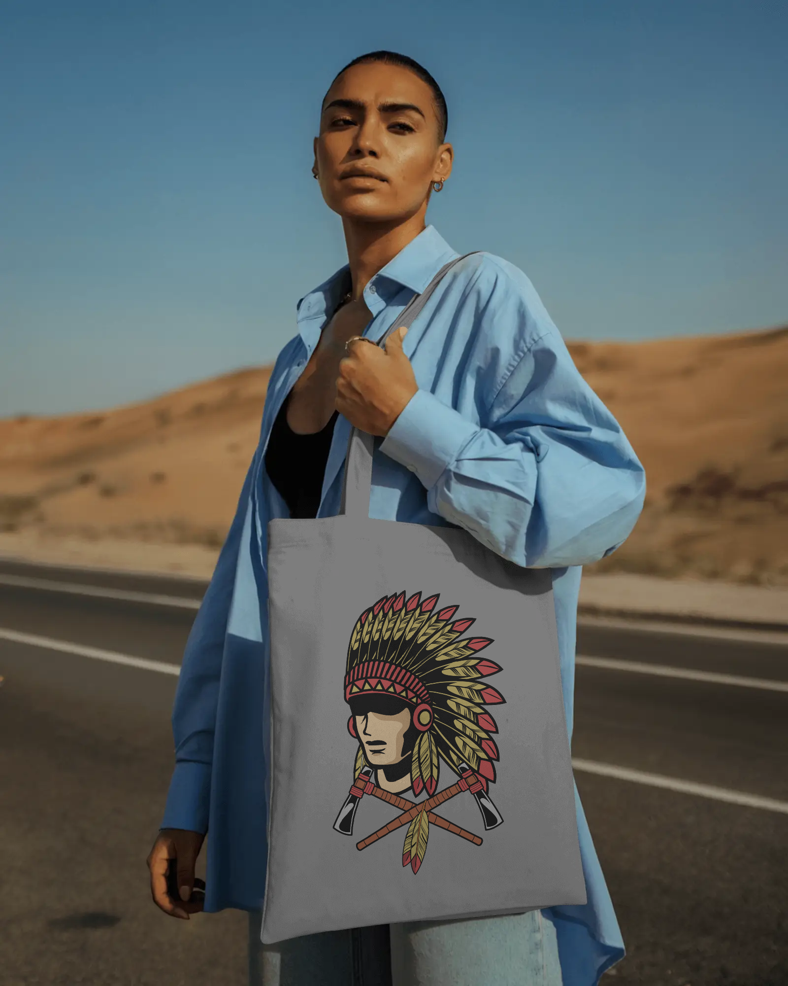 Native Headdress Cotton Tote — Vintage Tribal Chief Design