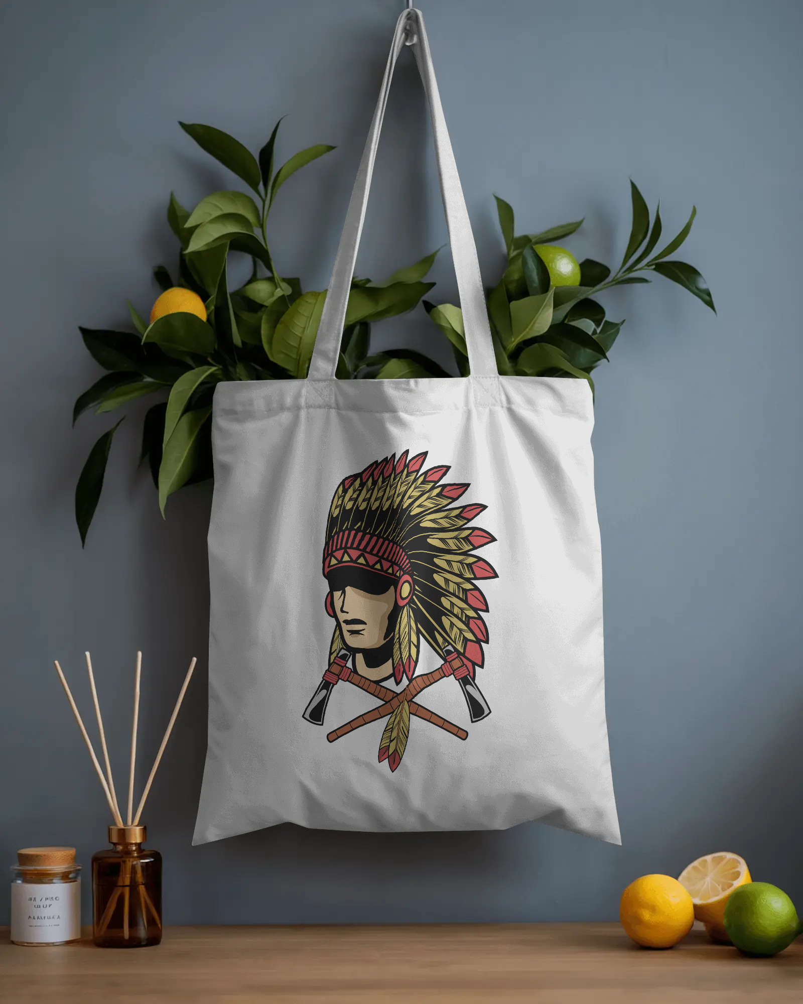 Native Headdress Cotton Tote — Vintage Tribal Chief Design