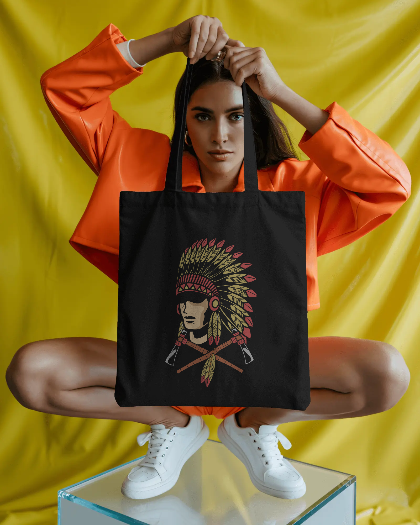 Native Headdress Cotton Tote — Vintage Tribal Chief Design