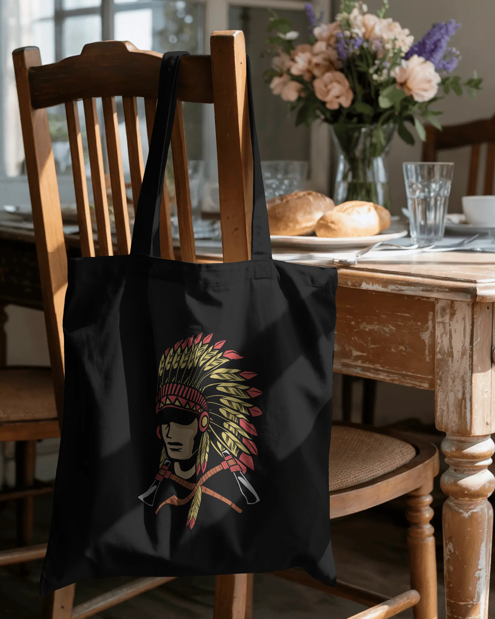Native Headdress Cotton Tote — Vintage Tribal Chief Design