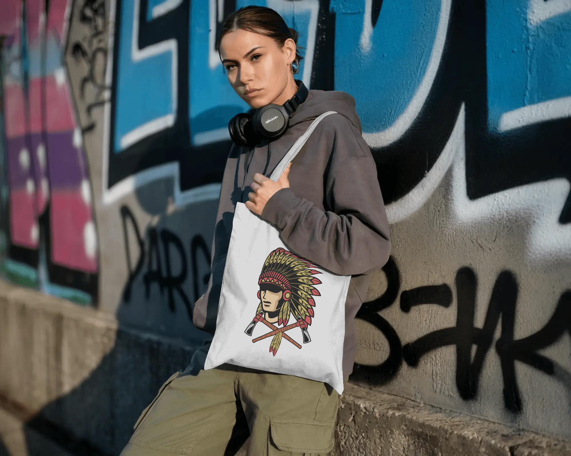 Native Headdress Cotton Tote — Vintage Tribal Chief Design