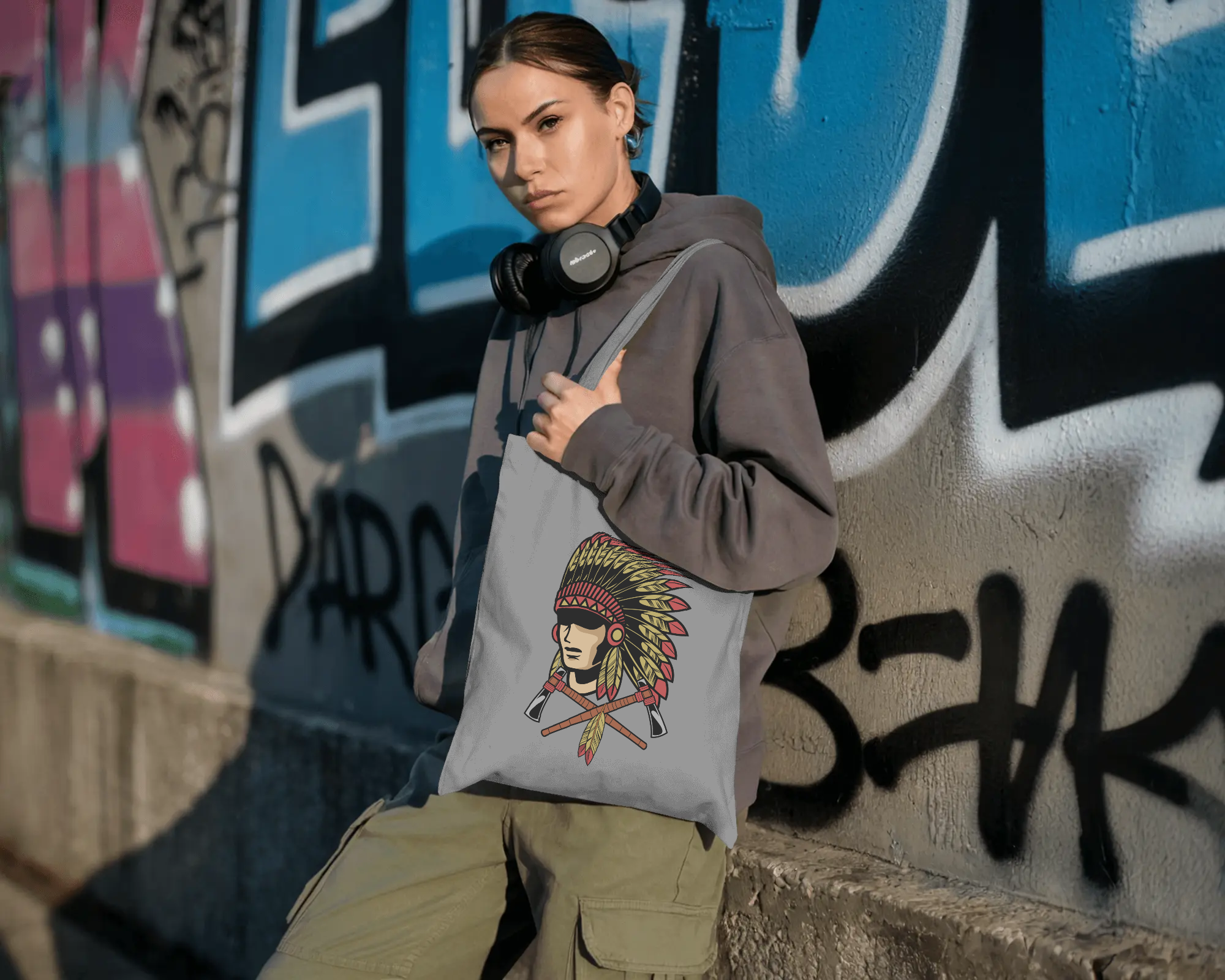 Native Headdress Cotton Tote — Vintage Tribal Chief Design